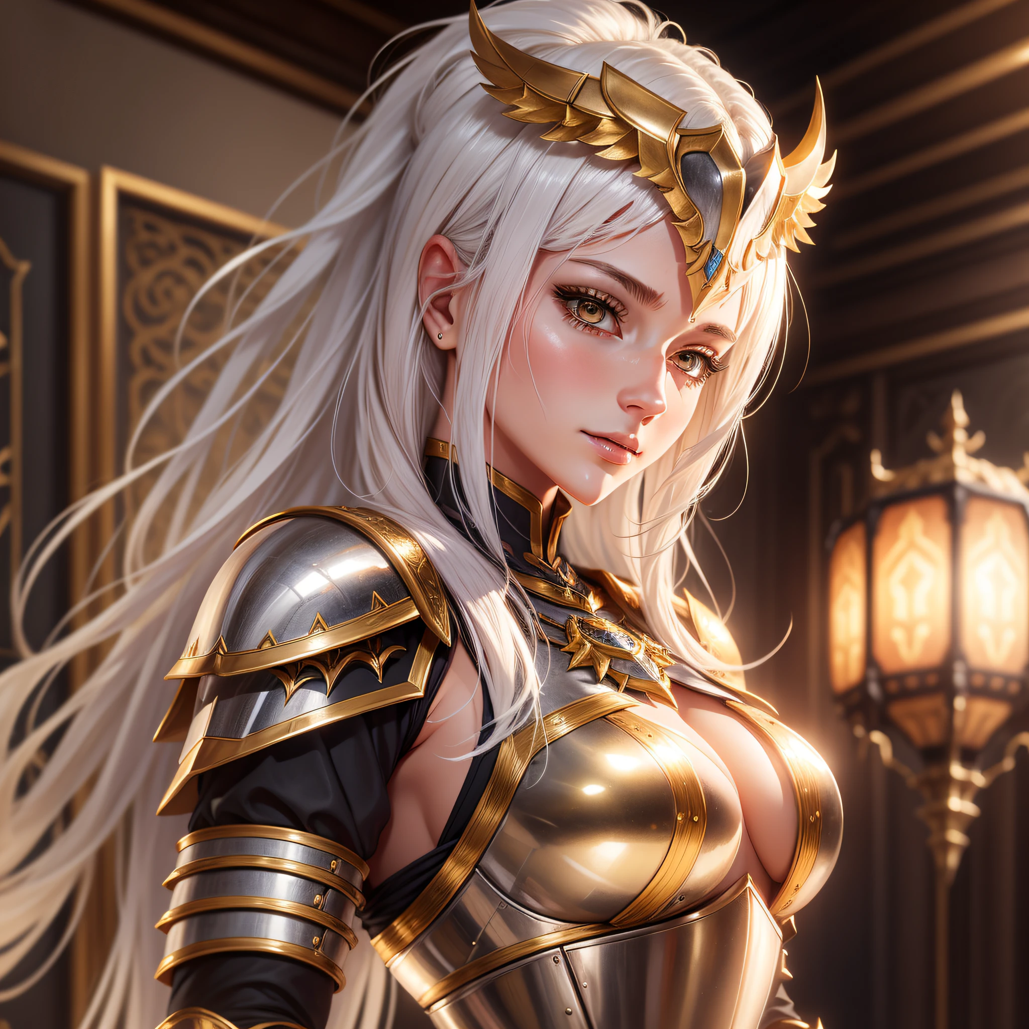 a full-length portrait of a light [seducer|goddess], highly detailed armor with gold plating, shiny, photorealistic armor, PLD_armor, a female knight in armor, wearing PLD_armor, perfect face, beautiful face, coral eyes, platinum blonde hair, long hair, medium breasts, lush details, absurd, . UHD, high details, super detail, best quality, 8k