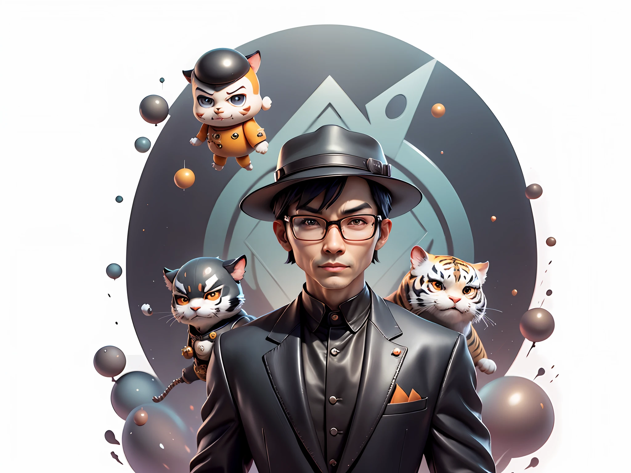Young man with oriental face in leather hat, tiger, oriental face in formal suit, short black hair, silver glasses, digital painting, 3D character design by Mark Clairedon and Pixar and Hayao Miyazaki and Akira Toriyama, the illustration is a high-definition illustration in 4K resolution with very detailed facial features and cartoon-style visuals.
