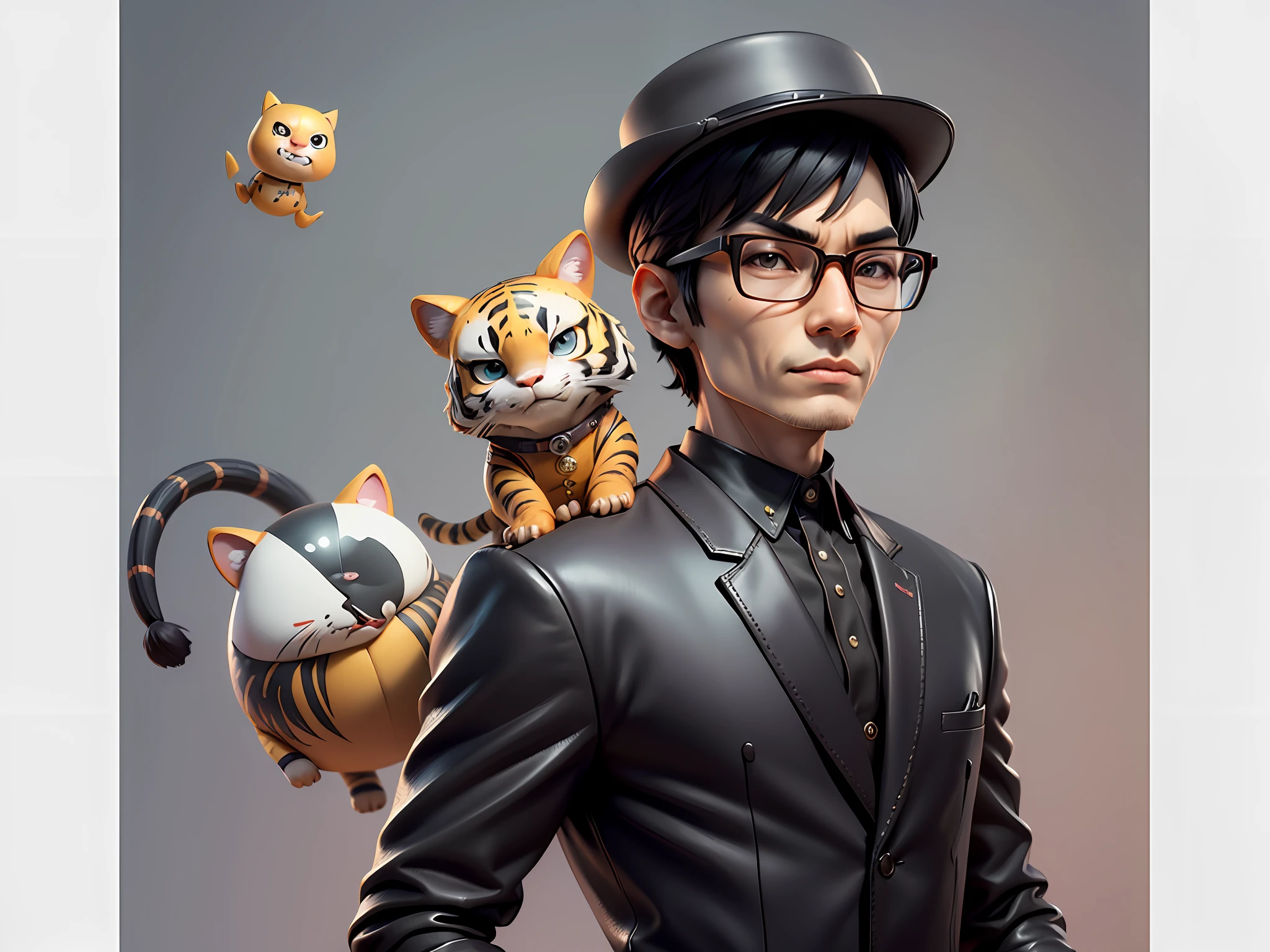 Young man with oriental face in leather hat, tiger, oriental face in formal suit, short black hair, silver glasses, digital painting, 3D character design by Mark Clairedon and Pixar and Hayao Miyazaki and Akira Toriyama, the illustration is a high-definition illustration in 4K resolution with very detailed facial features and cartoon-style visuals.