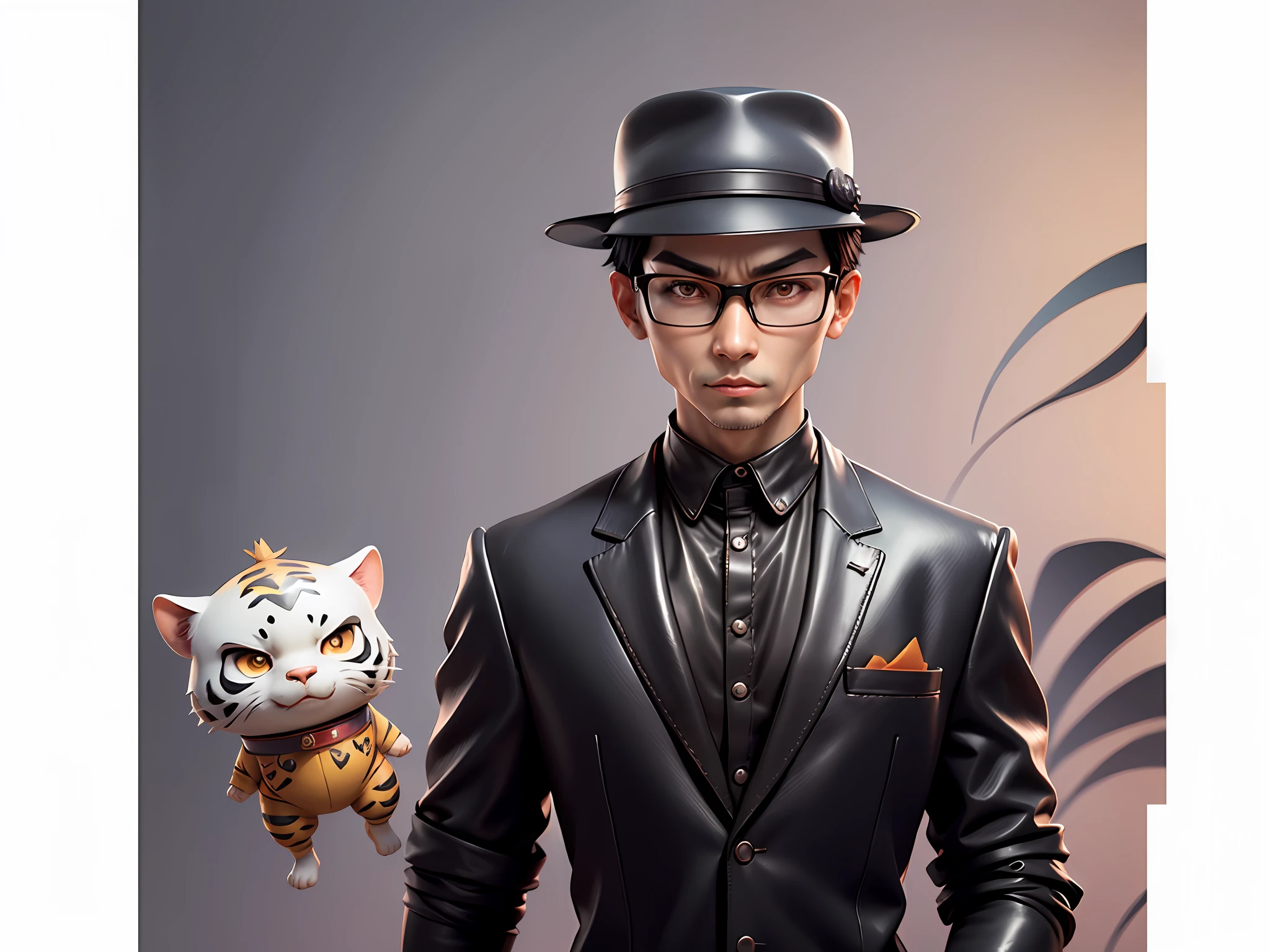 Young man with oriental face in leather hat, tiger, oriental face in formal suit, short black hair, silver glasses, digital painting, 3D character design by Mark Clairedon and Pixar and Hayao Miyazaki and Akira Toriyama, the illustration is a high-definition illustration in 4K resolution with very detailed facial features and cartoon-style visuals.