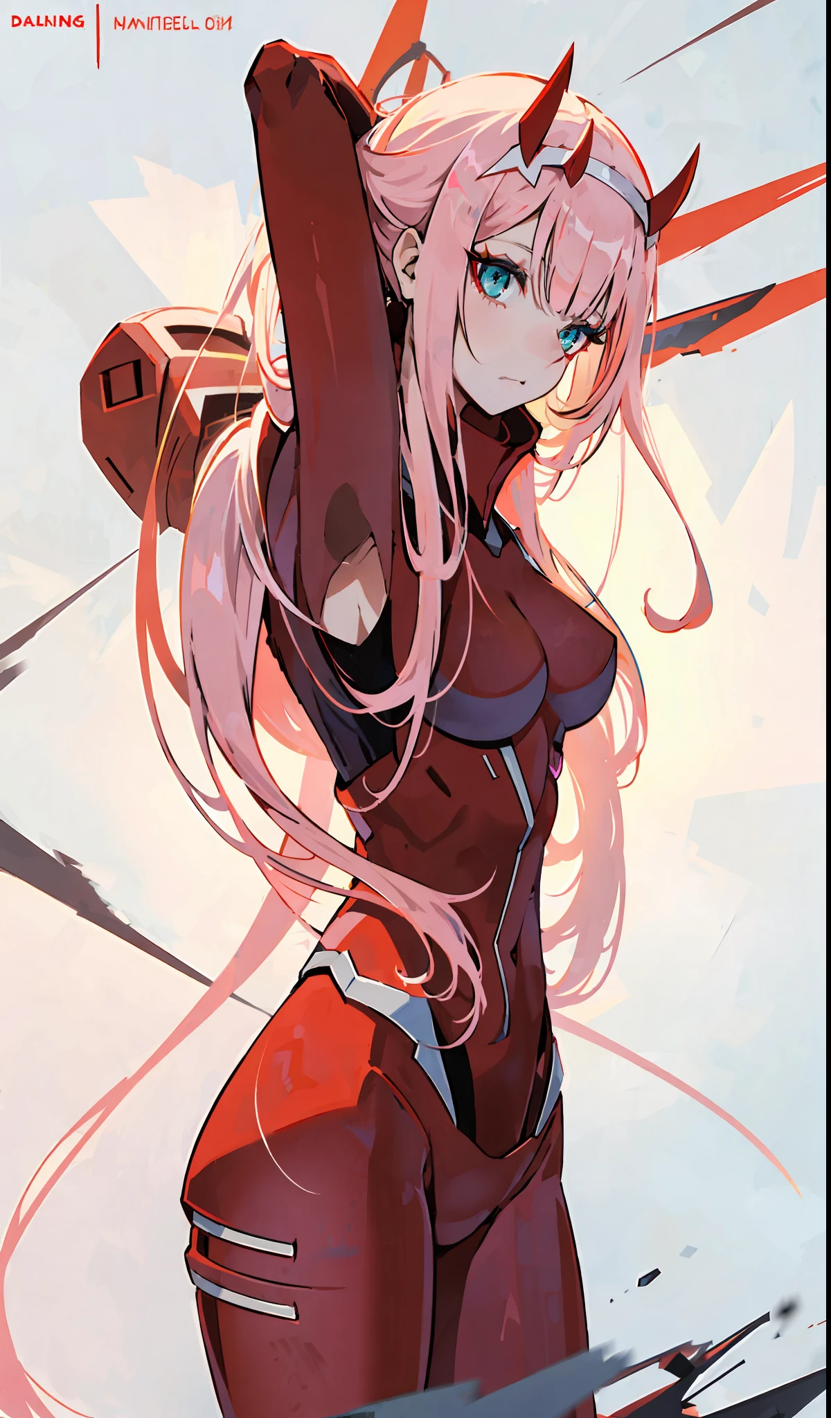 zero two \(darling in franxx\), darling in franxx, 1girl, bangs, bite, shadow, long hair, small breasts, large thighs, big ass, makeup, looking at the viewer, pair of small red horns, pink hair, pilot suit, red bodysuit, red eyeshadow, tight skin, solo, detailed background