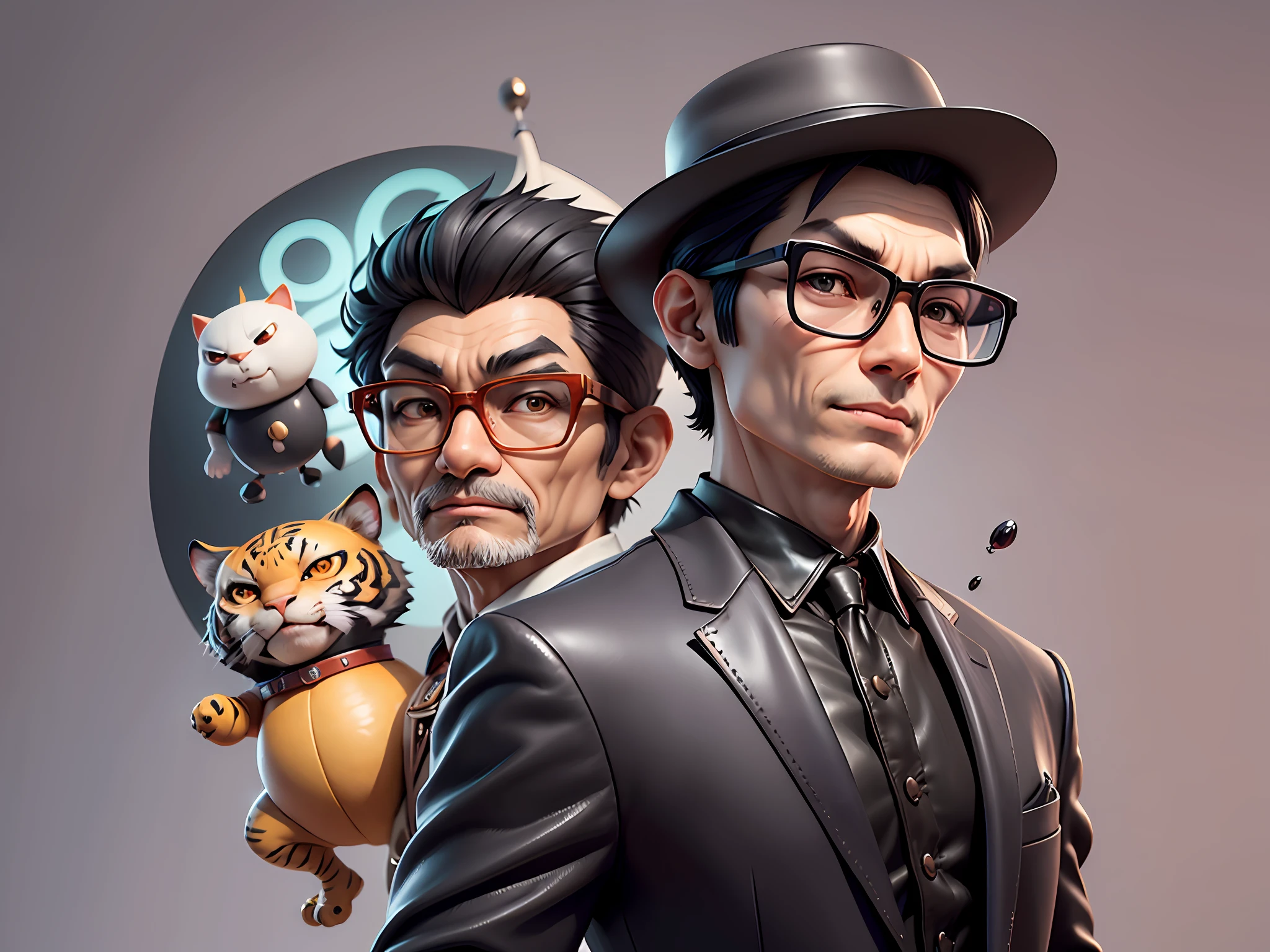 Young man with oriental face in leather hat, tiger, oriental face in formal suit, short black hair, silver glasses, digital painting, 3D character design by Mark Clairedon and Pixar and Hayao Miyazaki and Akira Toriyama, the illustration is a high-definition illustration in 4K resolution with very detailed facial features and cartoon-style visuals.