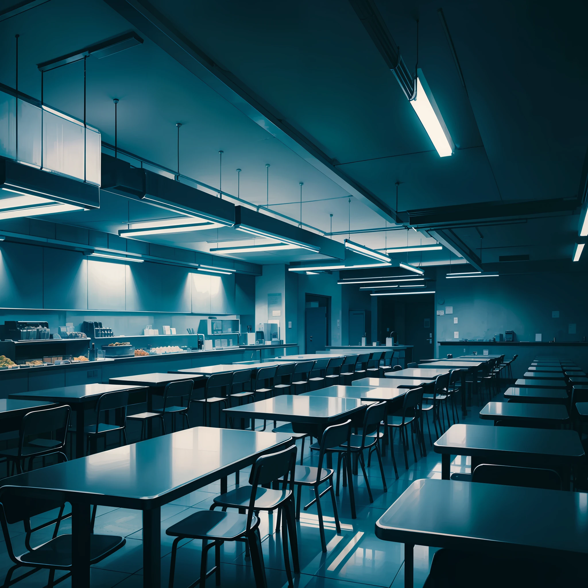School cafeteria, scary, horror, dark theme, dark, night, low lighting, dark blue colors,