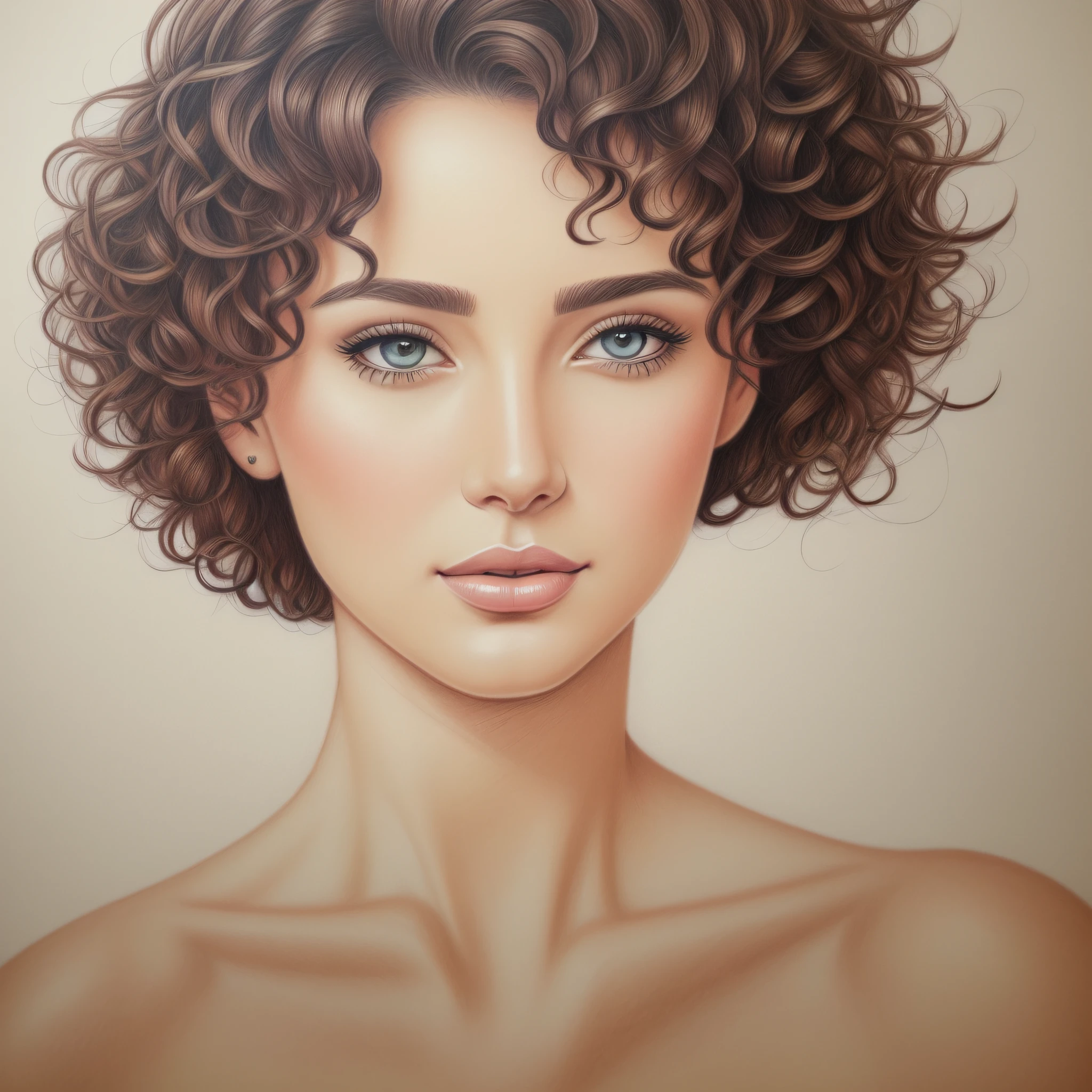 ((best quality)), ((masterpiece)), ((realistic drawing)), ((perfect character)) Vibrant woman, 30 years old, short curly hair highlighting her natural beauty, magnetic presence, delicate strokes, stunning solo illustration, capturing her unique essence, attention to detail, realistic style, eye level, scenic, masterpiece