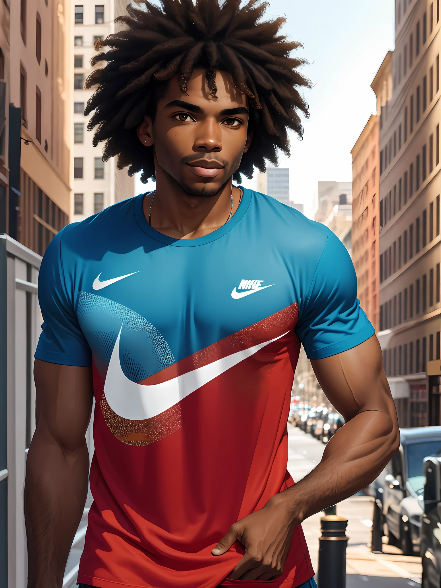 1 Afro Brazilian man in New York City, athletic wearing a regatta T-shirt ((Nike)), short curly hair, drop shadow, halftone, vanishing point, diffraction spikes, f/1.8, Nikon, high detail, UHD, masterpiece, best quality, highres, 16k