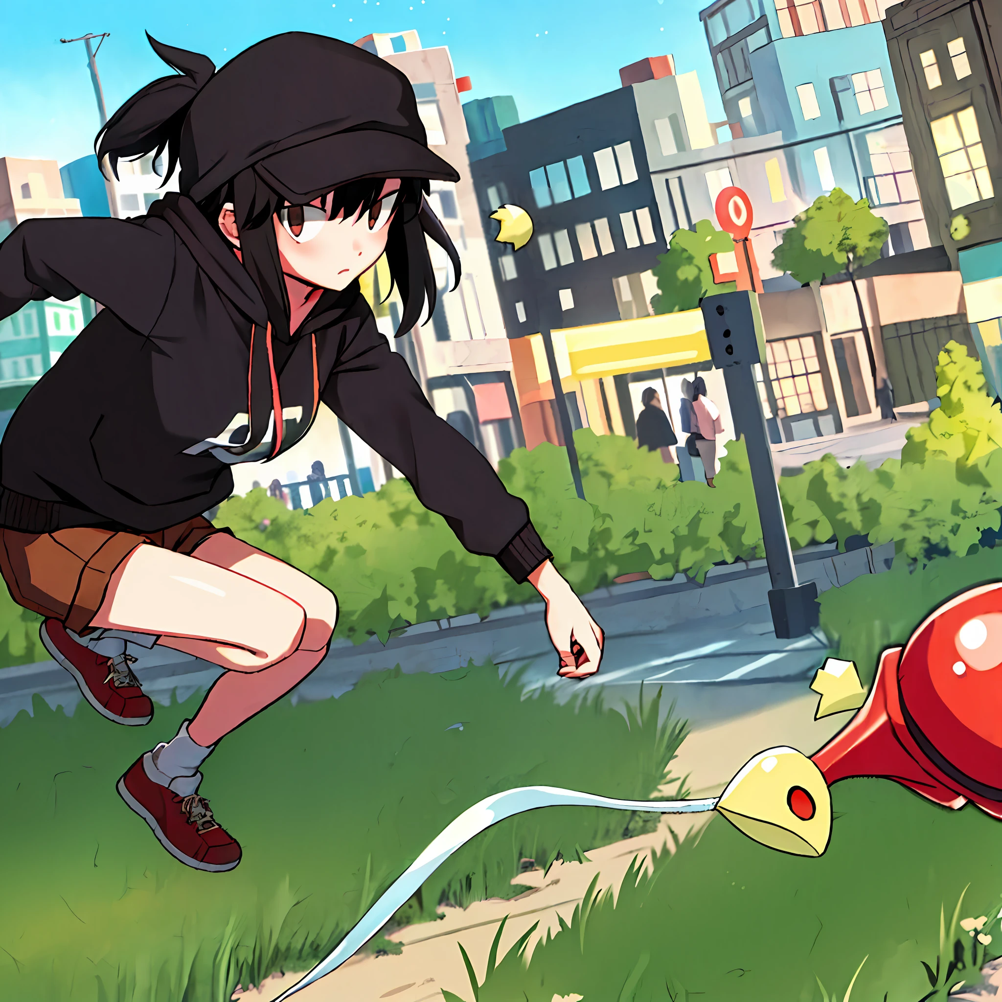 (masterpiece, best quality), 1girl, solo, tomoko-kuroki, (uchi-emoji-face:1.1), black hooded pullover, red cap, brown shorts, (crowded street background), looking at viewer, american shot,