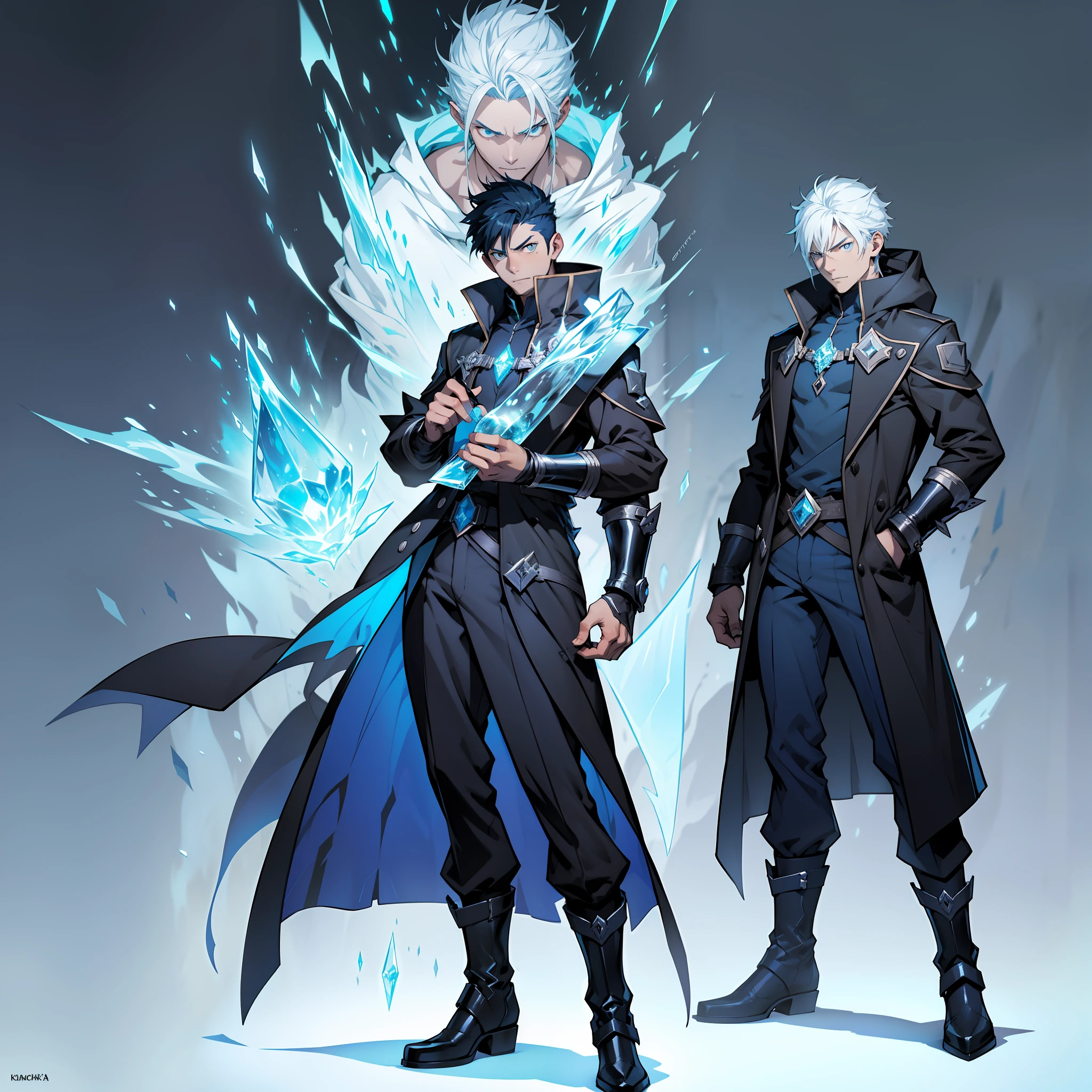 a drawing of a man in a coat and boots holding a glass, concept art by Kamagurka, trending on pixiv, conceptual art, this character has cryokinesis, thin young male alchemist, with ice powers, ( ( character concept art ) ), ice mage, great character design, from cryptid academia, fire!! full body, if he had ice powers