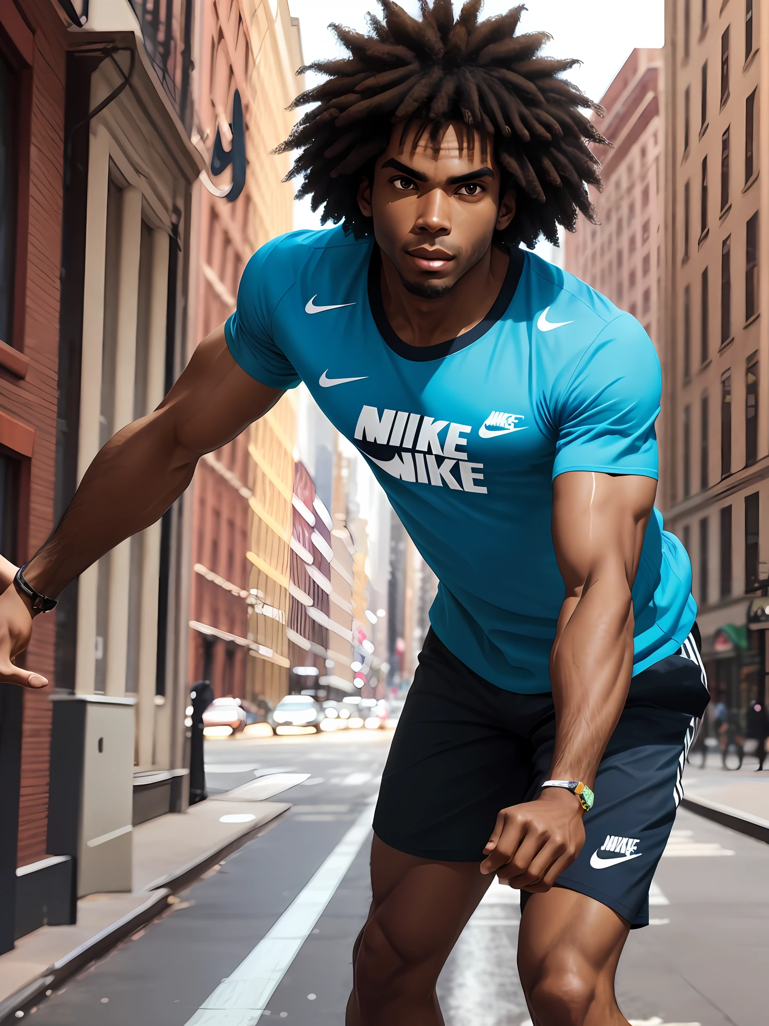 1 Afro Brazilian man in New York City, athletic wearing a regatta T-shirt ((Nike)), short curly hair, drop shadow, halftone, vanishing point, diffraction spikes, f/1.8, Nikon, high detail, UHD, masterpiece, best quality, highres, 16k