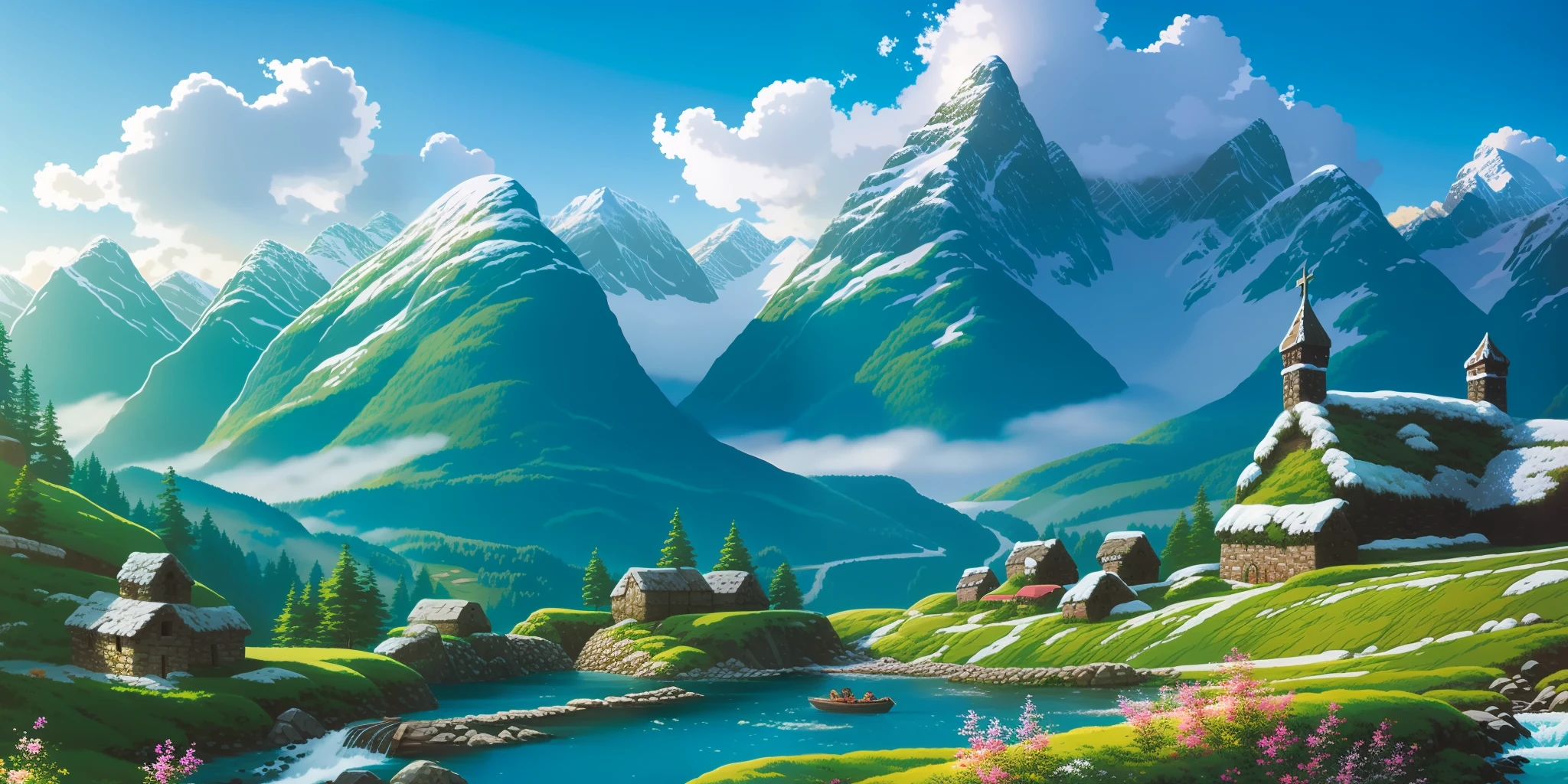 mountainous landscape, viking village in valley, snow, mountain streams, fort on a mountain, bay, Ghibli-like colours, Classicism, bloom, atmospheric perspective, panorama, Ultra-Wide Angle, high details