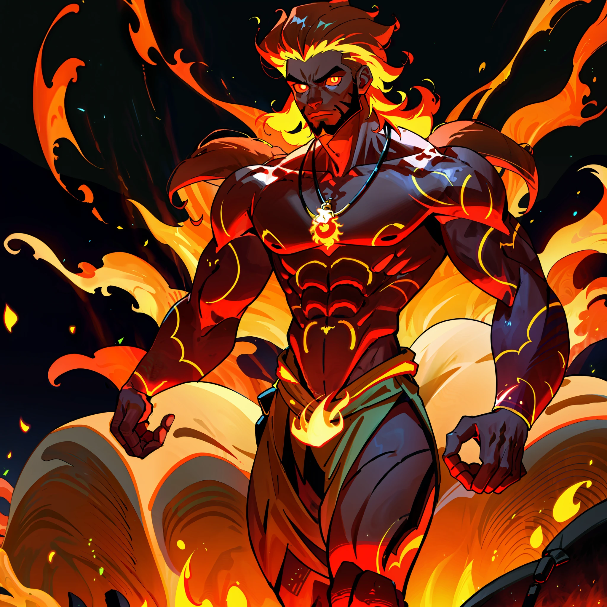 (Fire hair:1.0), brown skin, glowing eyes, (African male:1.0), muscle, fire background, glowing tattoos, 8k, high definition, huge resolution, (dreamlike style:1.0), bright colors, half body perspective, bone necklace, handsome, short beard,