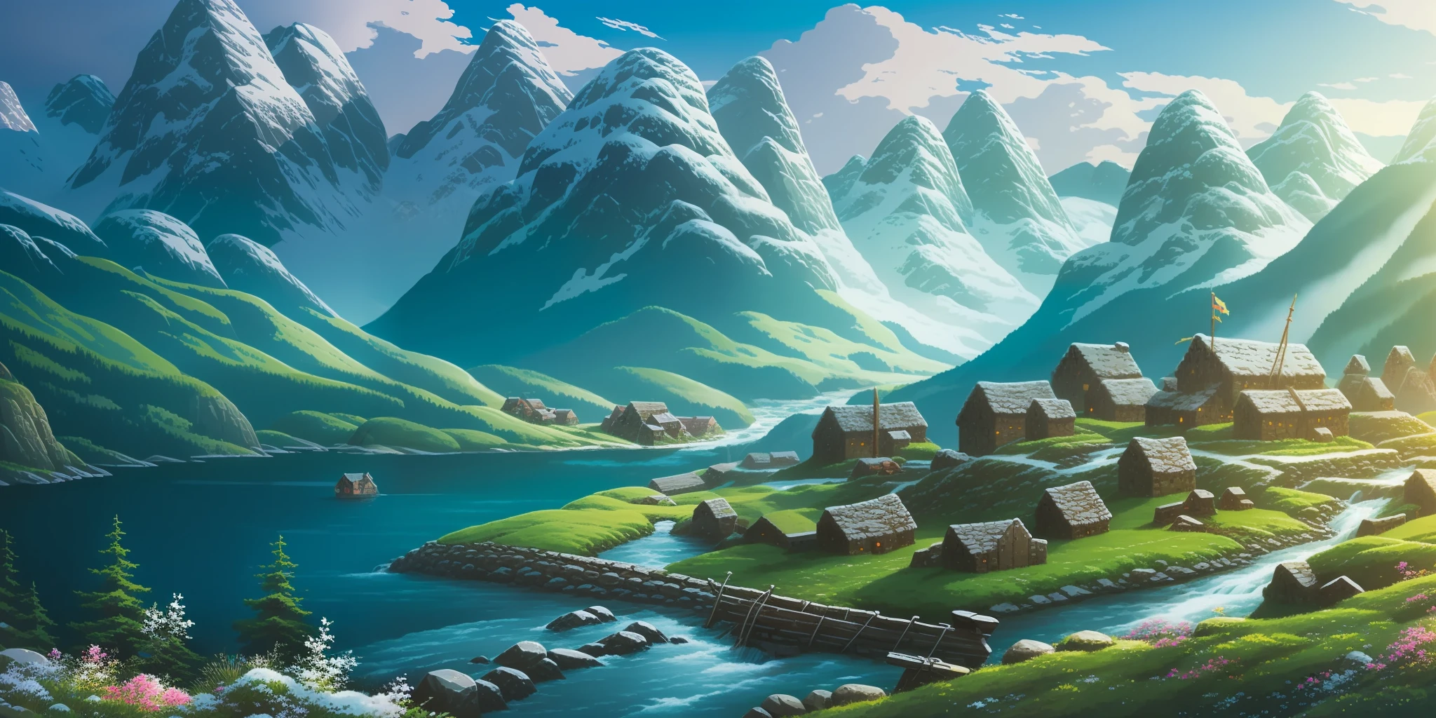 mountainous landscape, viking village in valley, snow, mountain streams, fort on a mountain, bay, Ghibli-like colours, Classicism, bloom, atmospheric perspective, panorama, Ultra-Wide Angle, high details