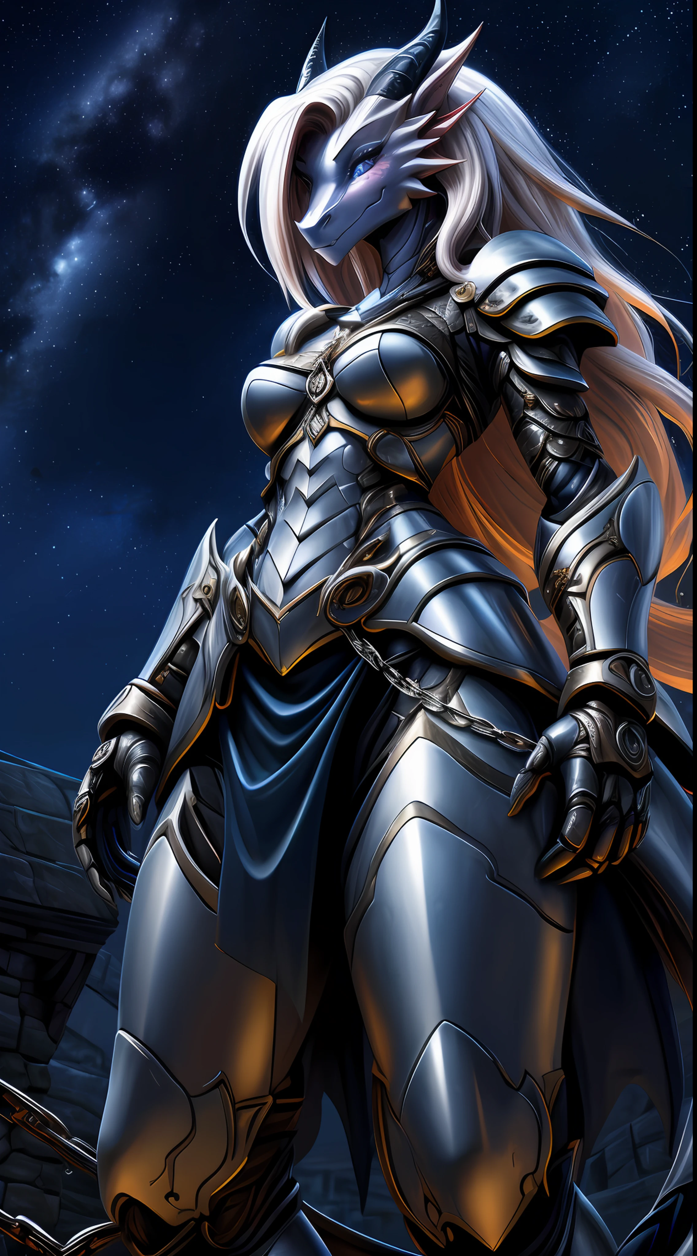 (Dragon), woman, antrum, high detail, high resolution, solo, small breasts, fair skin, colored details, long hair, slender body, detailed, far, small body, armor, pectoral, chain mail, cloth glove hands, detailed texture, night, starry sky, dynamic lighting, perfect lighting, highlighted shadows,