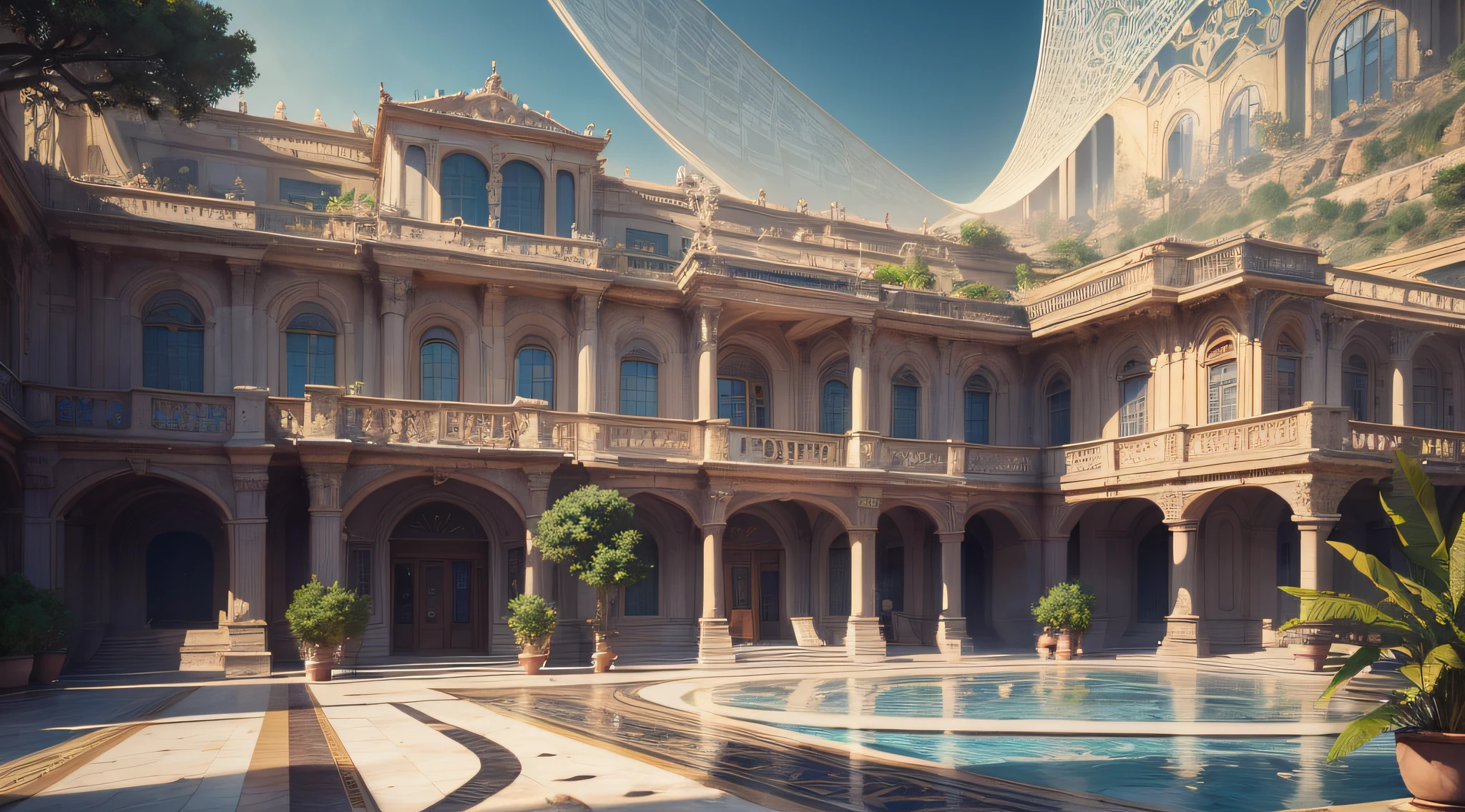 (extremely detailed CG unity 8k wallpaper,masterpiece, best quality, ultra-detailed),(best illumination, best shadow, an extremely delicate and beautiful),a majestic building,architectural elegance,gleaming marble flooring,high ceiling,ornate furnishings,exquisite window details,(indoor fountains:1.2),grand staircase,statues of Greek gods and goddesses,shaded corners,cool temperature with a gentle breeze coming in from the open windows,academia de ginastica. --auto --s2