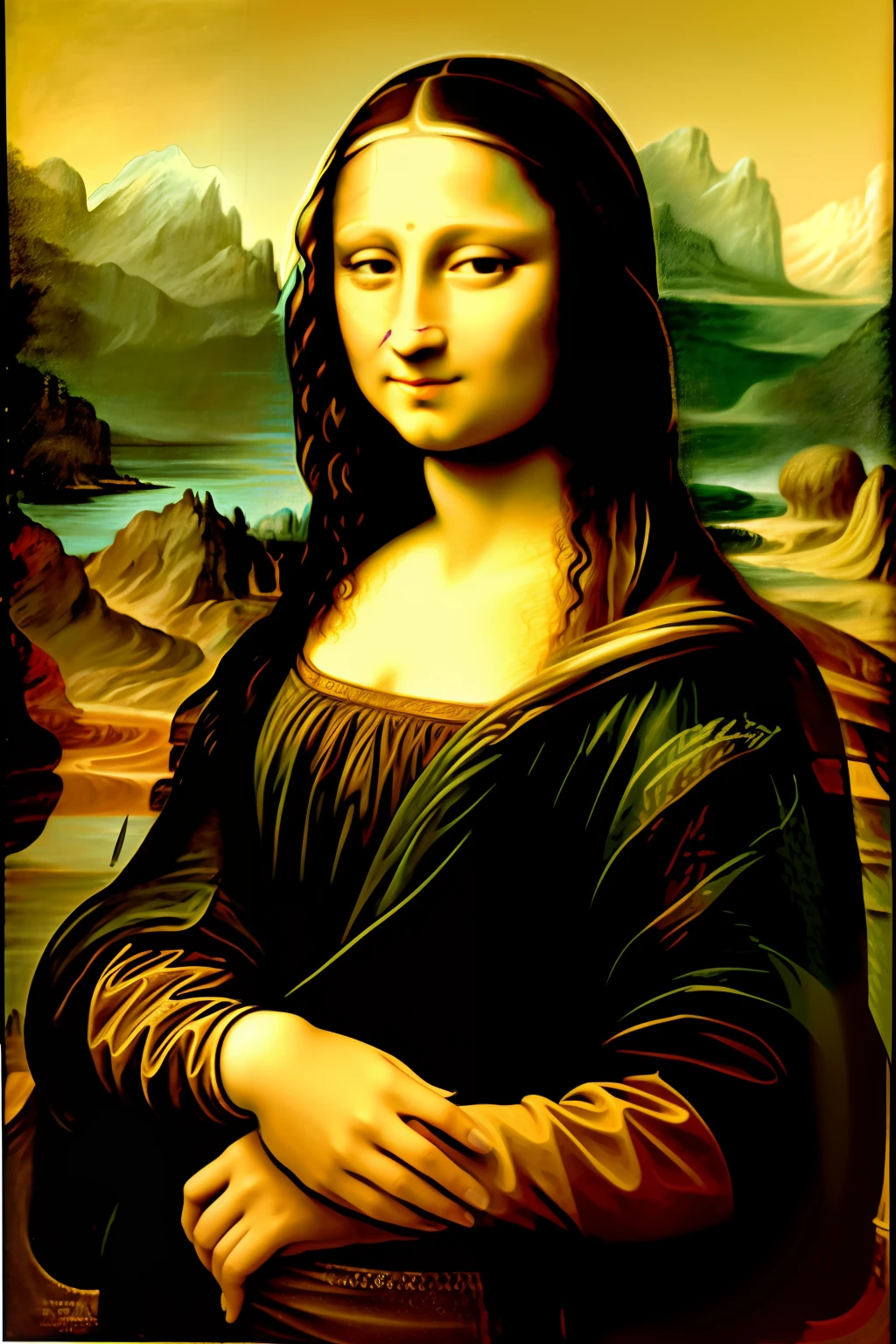 detailed and authentic representation of the Mona Lisa portrait. The image should closely resemble the original painting by Leonardo da Vinci, capturing the subtle smile, the detailed facial features, and the intricate background. The overall image should be as true to the original as possible, maintaining the same colors, tones, and style, detailed