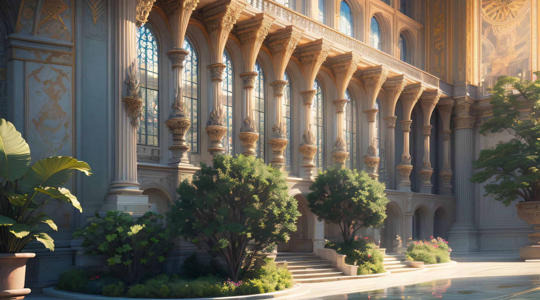 (extremely detailed CG unity 8k wallpaper,masterpiece, best quality, ultra-detailed),(best illumination, best shadow, an extremely delicate and beautiful),a majestic building,architectural elegance,gleaming marble flooring,high ceiling,ornate furnishings,exquisite window details,(indoor fountains:1.2),grand staircase,statues of Greek gods and goddesses,shaded corners,cool temperature with a gentle breeze coming in from the open windows,academia de ginastica. --auto --s2
