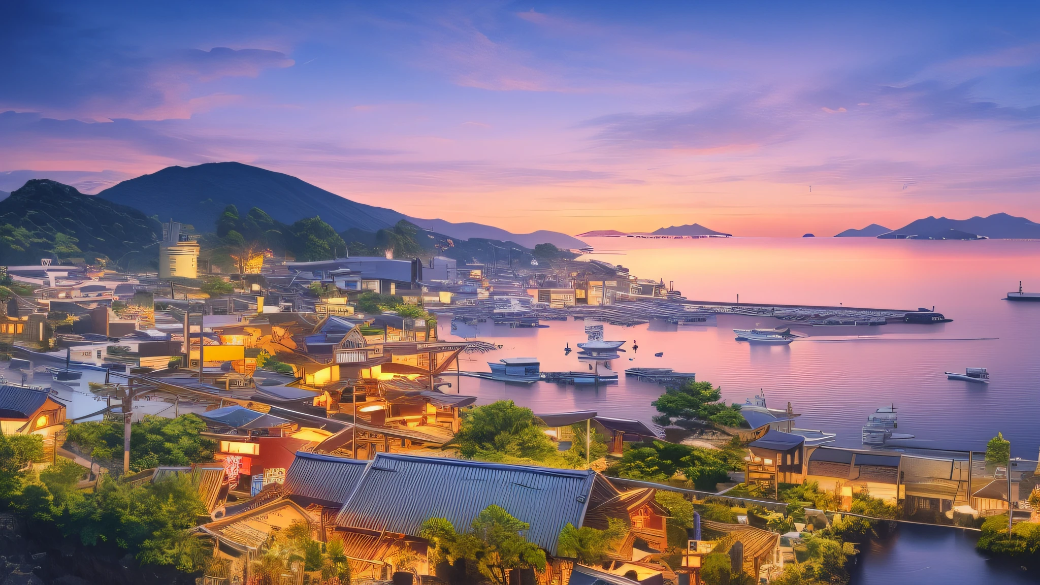 fishing port, high quality, illustration, Japan animation background, world heritage, beautiful, balanced, 8k