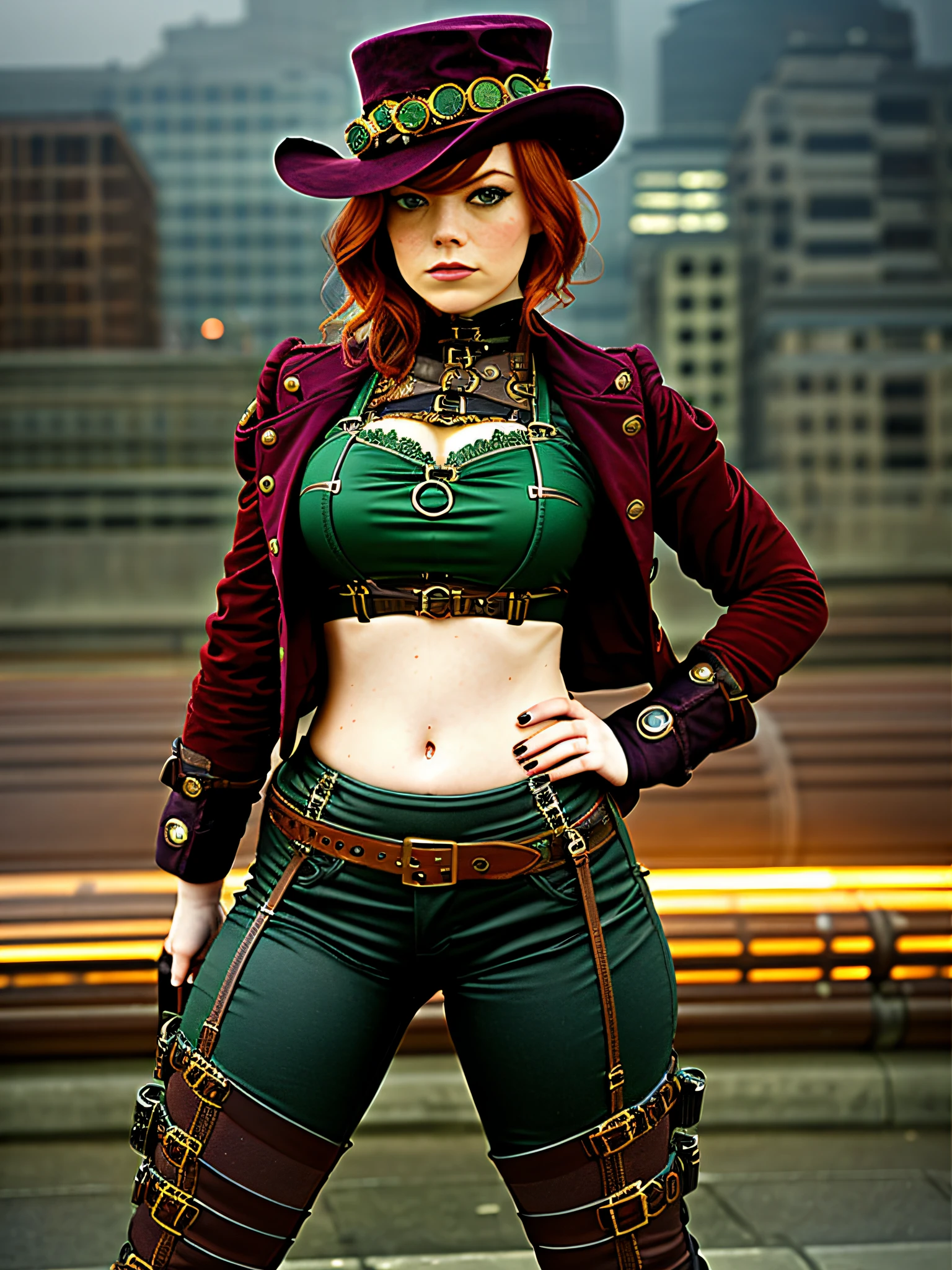 emma stone, high quality RAW color photo of a steampunk detective woman wearing low pants and thigh boots crop top and jacket, thigh slit, intricate mechanical city, night, dark, atmospheric, foggy, seductive, sexual, vivid seductive eyes, high contrast, soft lighting, backlighting, flower, chromatic freak, smooth, sharp focus, fantasy, steampunk, chubby, curvilinea, thick thighs