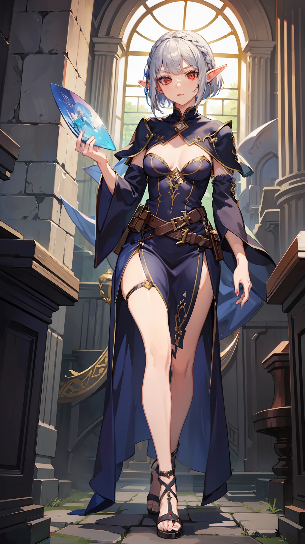 1 Girl Full Body, Elf Witch, Silver Hair, Red Eyes, Bob Cut, Braid, Robe, Concept Art, Beautiful Anime Scene, Beautiful Anime Scenery, Top Rated on pixiv, Best Quality, 4K