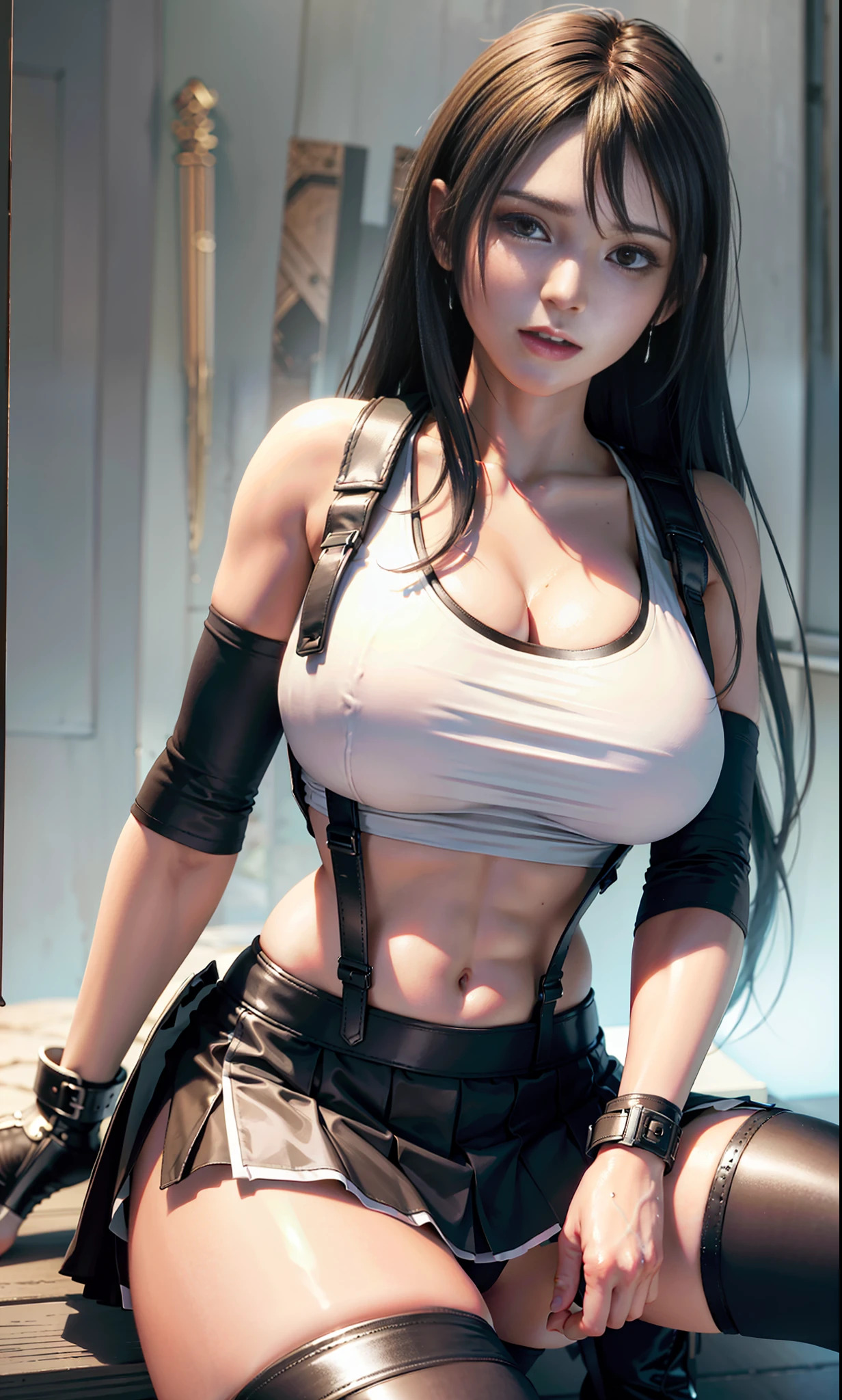 Unreal Engine 5 Realistic Render, (masterpiece, best quality), intricate details, ((Best quality)), ((masterpiece)), ((realistic)), (hyperrealism:1.2), (fractal art:1.2), 
1girl, tifa lockhart original costume, underwear black sport bra in white tank top, crop top, arm guards, fingerless gloves, suspenders, pleated miniskirt, black thighhighs, red boots 
extreme detailed eyes, colorful, highest detailed, 
vibrant colors, high contrast,
(8K UHD:1.2), (photorealistic:1.2), beautiful face, top body is hyperrealistic thicc muscle and hyper largest_breasts!! with the type of boobs_melons, lower is huge buttocks, wet shiny body