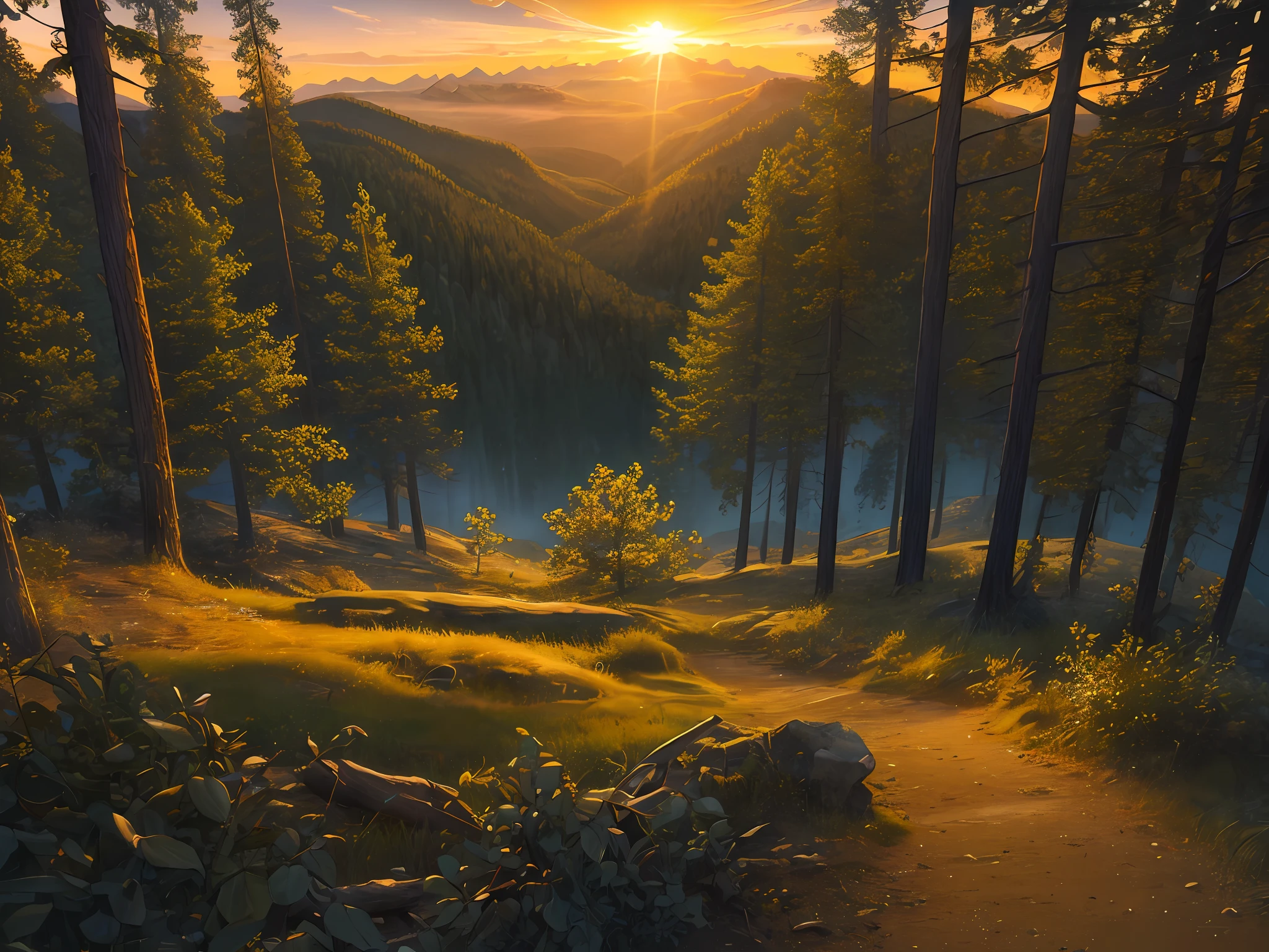 (masterpiece, best quality:1.2), ultra detailed, cinematic lighting, HDR, ilustration,  sunrise, forest, impressive, chill, inspirational,