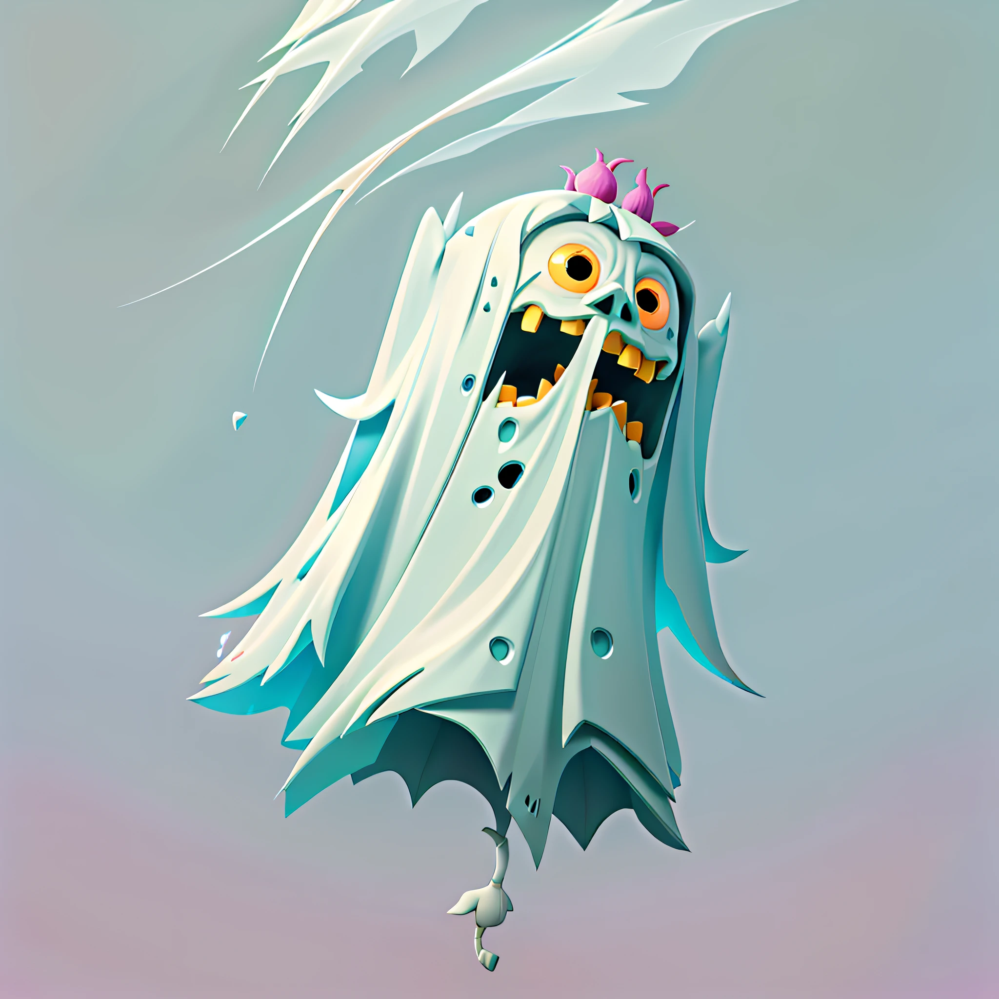 A closeup of a ghost on a colorful background with a pattern, floating ghost, cute funny ghost, fuzzy ghost, scary ghost halloween wallpaper, ghost under a sheet, ghostly, ghastly and transparent screaming ghost, ghostly shape, 2 d low polygon art, 3 d ghosts.