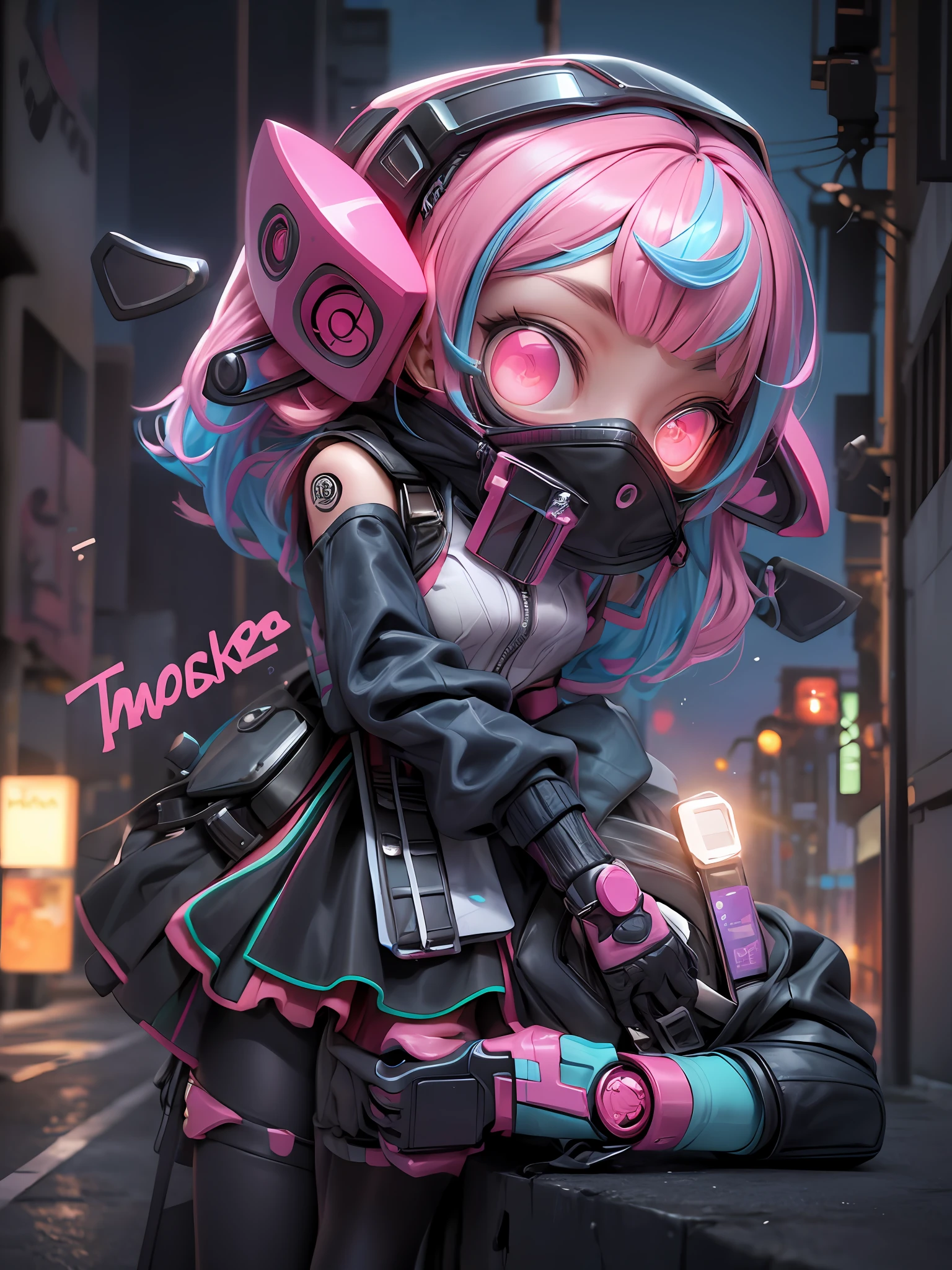 Masterpiece, top quality, official art, 8k wallpaper, RAWE extreme detail, illustration, 1 girl, cute, pink hair, cyberpunk, hd, street at night, sky blue coat, colorful colors,