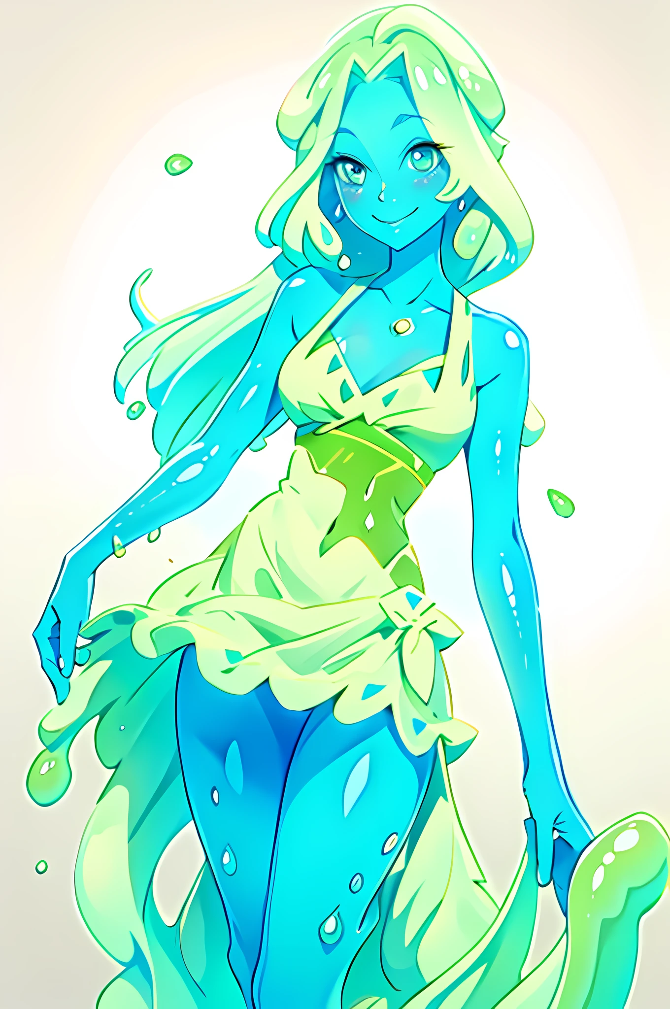 Highly detailed, high quality, masterpiece, Slimecore, monster girl, slime girl, smile, blue slime, cowboy throw, tank top, ((white dress))