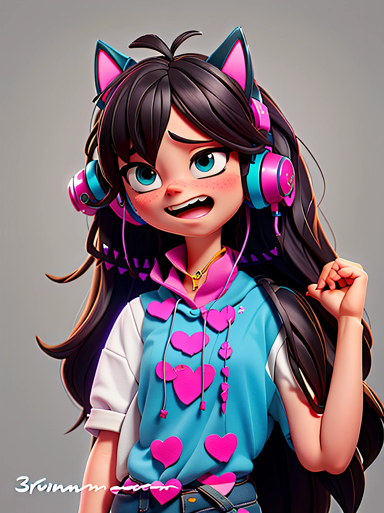 drawing of a girl with headphones and a little heart shirt, inspired by Puru, an anime drawing, cat ear headset, realistic 3d portrait, cute anime girl portrait