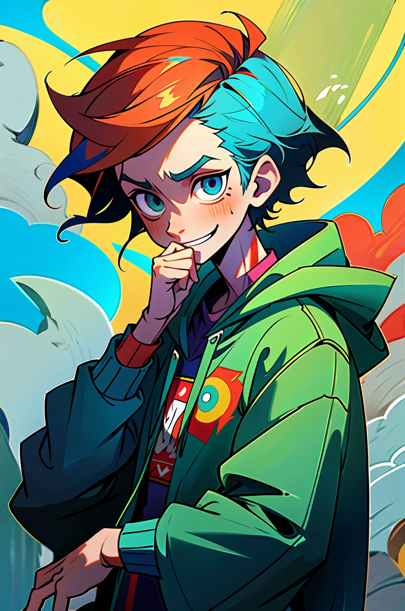 It is an illustration set in street paint art. Vivid graffiti and colorful murals paint in the background, giving it an urban and artistic feel.
In the center of the screen stands a boy wearing a hood. A nihilistic grin appears on his face, creating a slightly creepy vibe. A light of pain and anguish leaks from his eyes, expressing his inner complexity and philosophical side.
The boy is dressed casually, and the hood partially covers his face. His clothes are a little worn out, which speaks to his way of life and his struggles.
The surrounding area is lively and people come and go. However, the people around him are blurred, and the boy seems to be isolated. This is a rendition to express his inner loneliness and personality.
Reproduce the details in the highest quality, depicting the boy's facial expressions, the texture of his clothes, and the details of the street art in the background. Reflect the inner world of a nihilistic smiling boy while combining street energy and artistic elements.