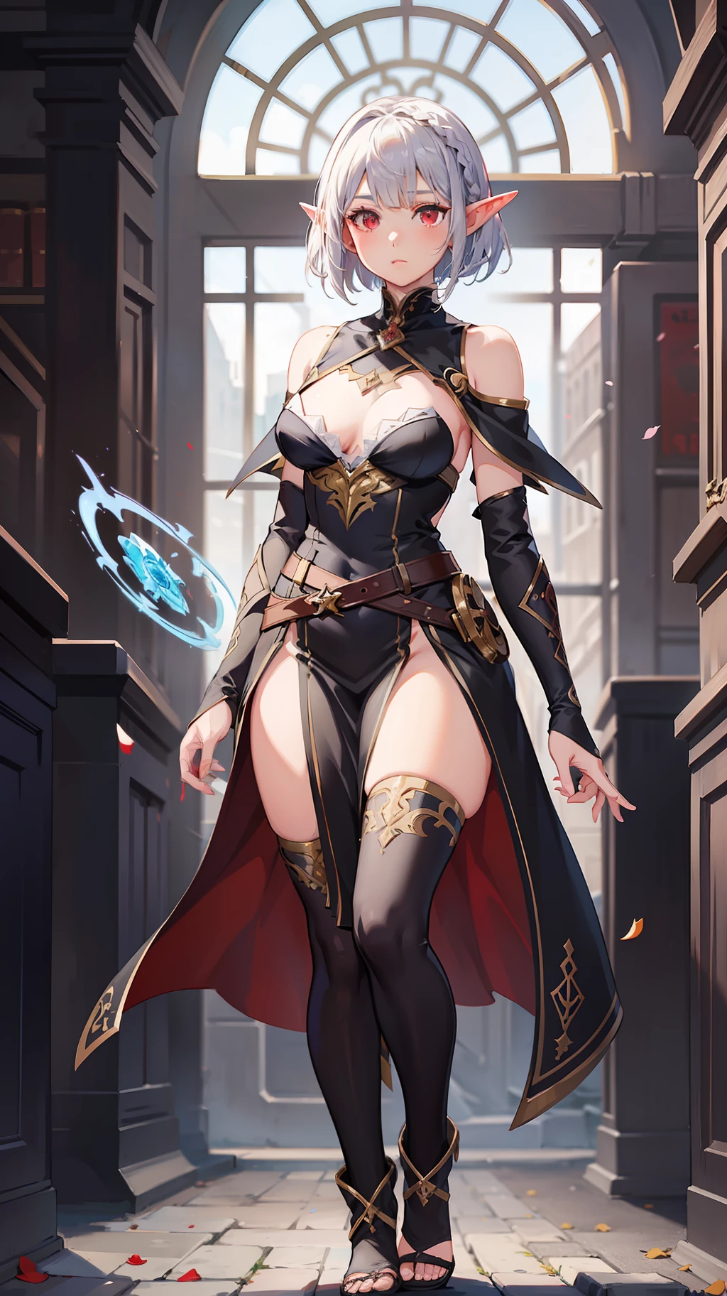 1 Girl Full Body, Elf Witch, Silver Hair, Red Eyes, Bob Cut, Braid, Robe, Concept Art, Beautiful Anime Scene, Beautiful Anime Scenery, Top Rated on pixiv, Best Quality, 4K