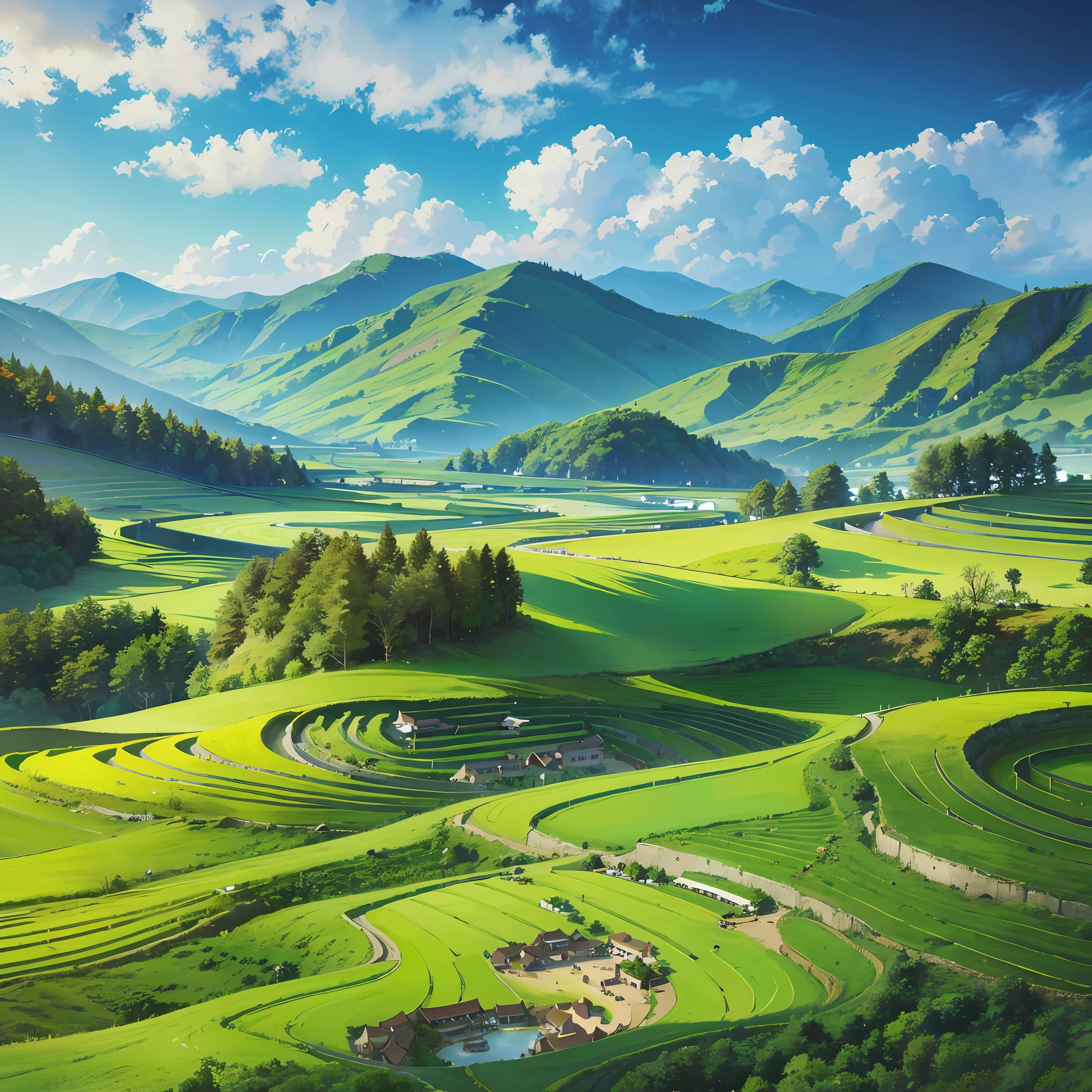 Futuristic valleys and terraces, rolling green hills, grass spiral mountain landscape, terraced orchards and ponds, Alafid valleys and rice paddies, breathtaking landscapes made up of trees and fantasy valleys, beautiful light landscapes on the backdrop of mountains and backgrounds, tranquil and enchanting Asian landscapes. --auto --s2