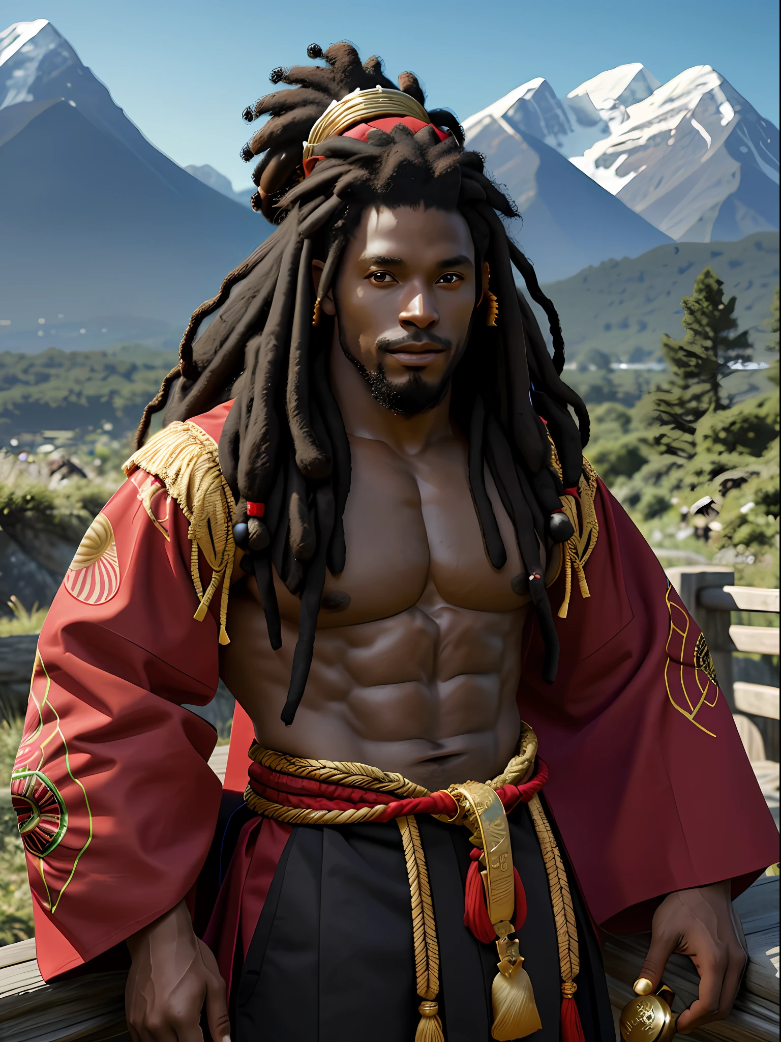 An African-American, dark-skinned, bright-eyed black man with a red headband, Rasta hair, multi muscular, muscular, shirtless, with a black kimono and gold details, ultra realistic, multi detail, 4K, with a mountain background