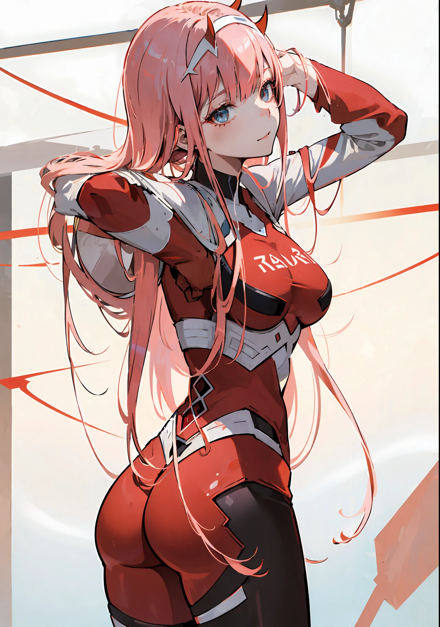 zero two \(darling in franxx\), darling in franxx, 1girl, bangs, bite, shadow, long hair, small breasts, large thighs, big ass, makeup, looking at the viewer, pair of small red horns, pink hair, pilot suit, red bodysuit, red eyeshadow, tight skin, solo, detailed background