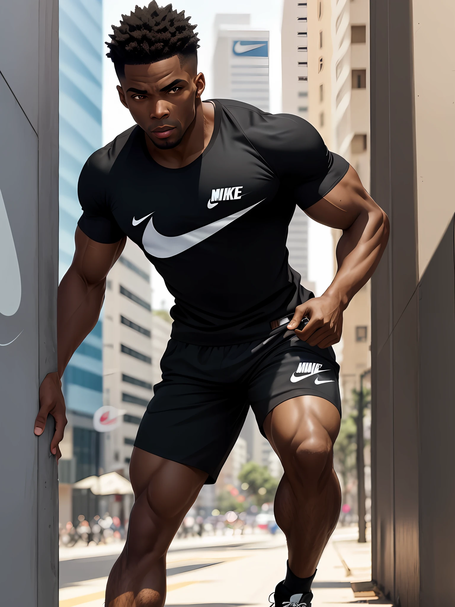 1 Black Man in the city of São Paulo, muscular athletic wearing a T-shirt and shorts of ((Nike)), short hair, drop shadow, halftone, vanishing point, diffraction peaks, f/1.8, Nikon, high detail, UHD, masterpiece, best quality, highres, 16k