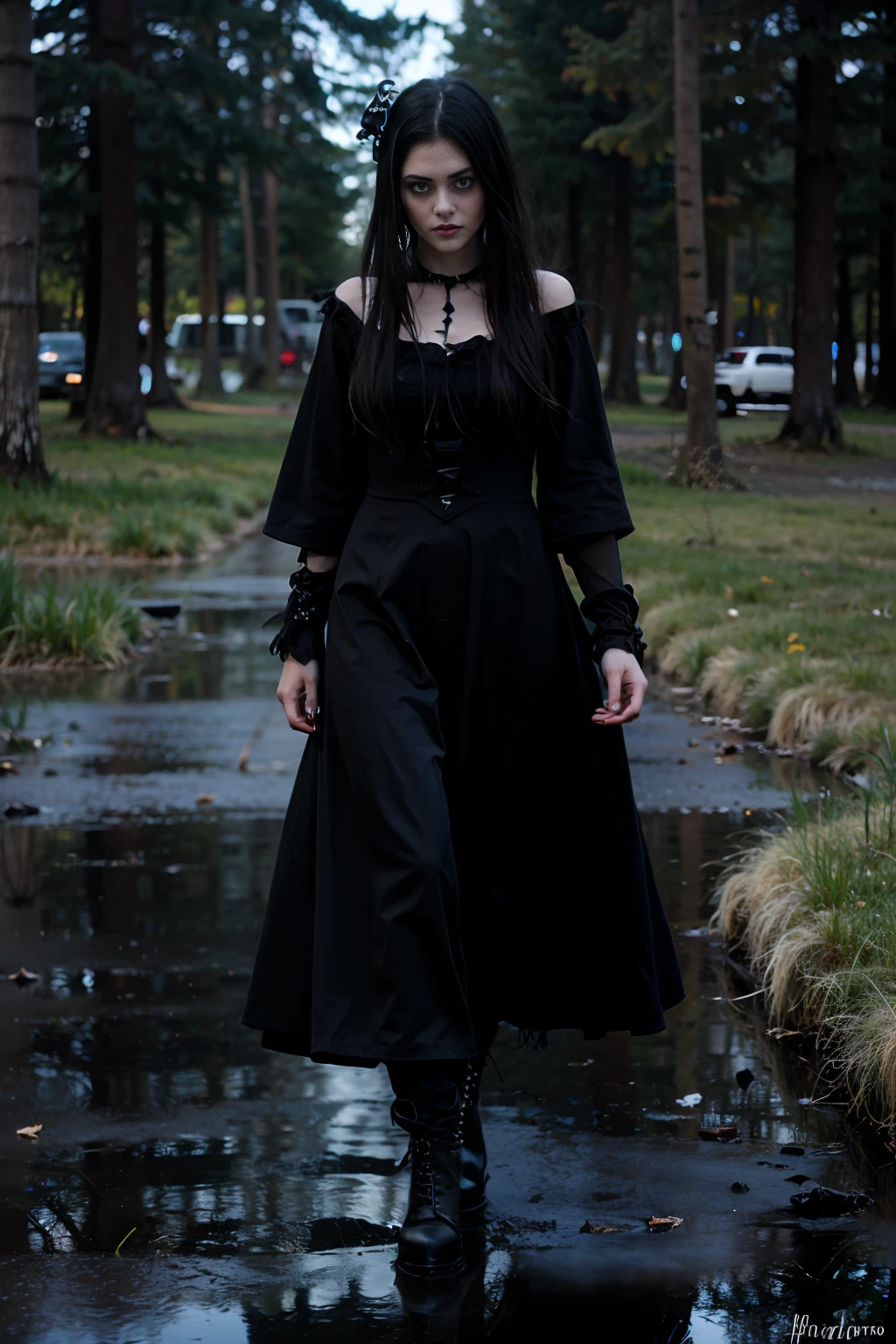 Alexandra Daddario chica sonriendo, sosteniendo unos libros ,lindo, paisaje urbano, de dia, lluvioso, húmedo, iluminación profesional, mapeo de fotones, una blanco y negro, a black dress and boots on a white background, dark gothic dress, gothic dress, classical witch robe, gothic clothing, gothic clothes, black gothic ta dress, tattered ragged gothic dress, witchy clothing, gothic outfit,  gothic wearing, dark astral dress, goth punk clothes, detailed gothic cloak, wearing modern gothic clothes, black reflect robe, medieval dress. witch