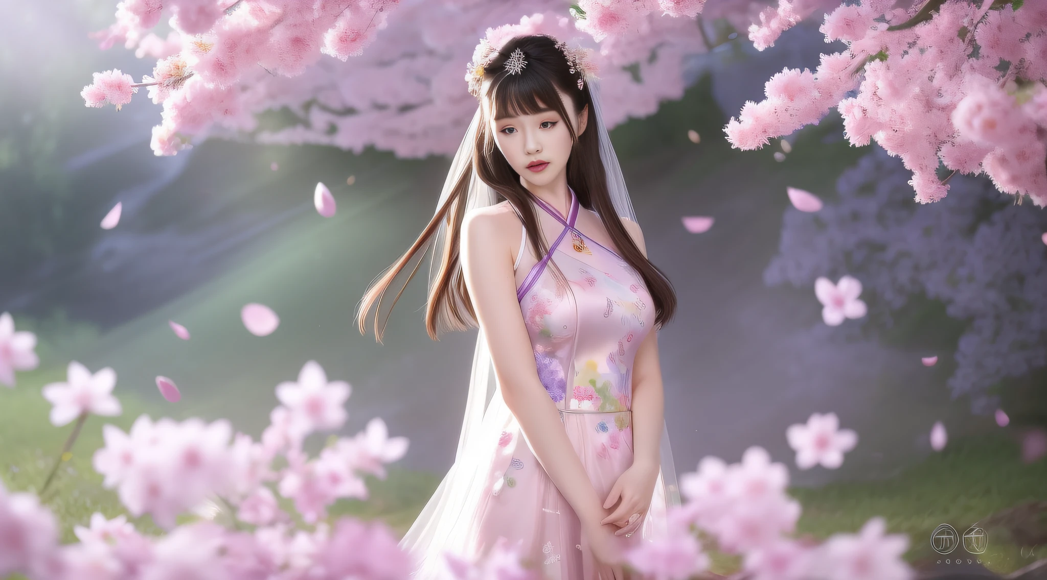 最佳质量，超高分辨率，（真实感：1.8），1girl，blue_sky，blurry，blurry_background，blurry_foreground，branch，bridal_veil，bride，cherry_blossoms，chinese_clothes，curtain_grab，窗帘，day，depth_of_field，flower，hanami，hanfu，lips，long_hair , outdoors, parted_lips, petals, pink_flower, pink_theme, plum_blossoms, shawl, solo, solo_focus, spring_\(season\), tree, upper_body, veil, wedding, wedding_dress, 紫藤花