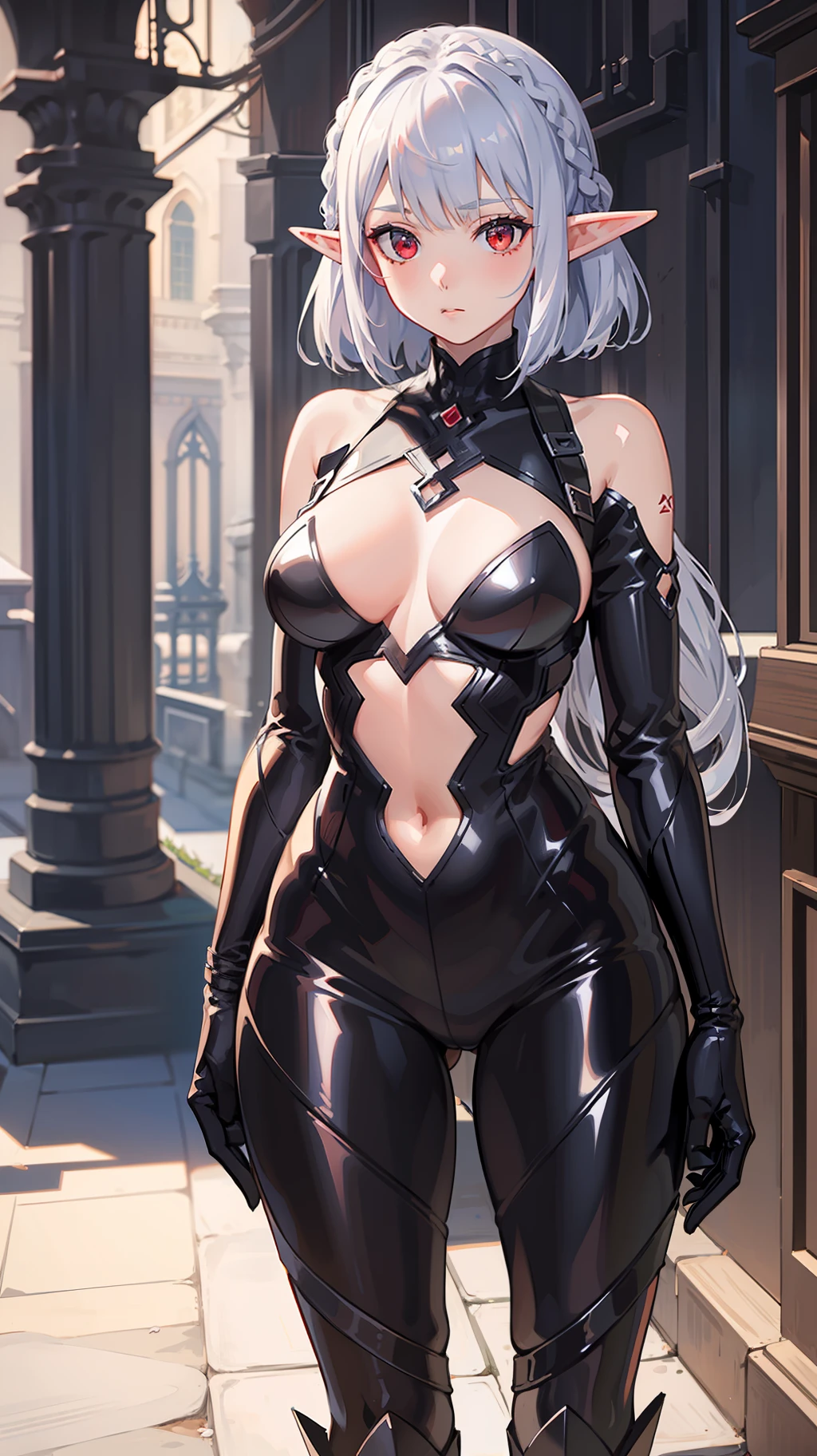 1 Girl Full Body, Elf, Silver Hair, Red Eyes, Bob Cut, Braid, Bodysuit, Concept Art, Beautiful Anime Scene, Beautiful Anime Scenery, Top Rated on pixiv, Best Quality, 4K