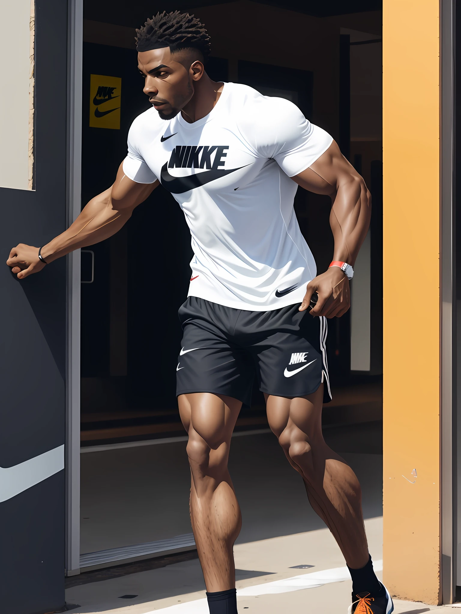 1 Black Man in the city of São Paulo, muscular athletic wearing a T-shirt and shorts of ((Nike)), short hair, drop shadow, halftone, vanishing point, diffraction peaks, f/1.8, Nikon, high detail, UHD, masterpiece, best quality, highres, 16k