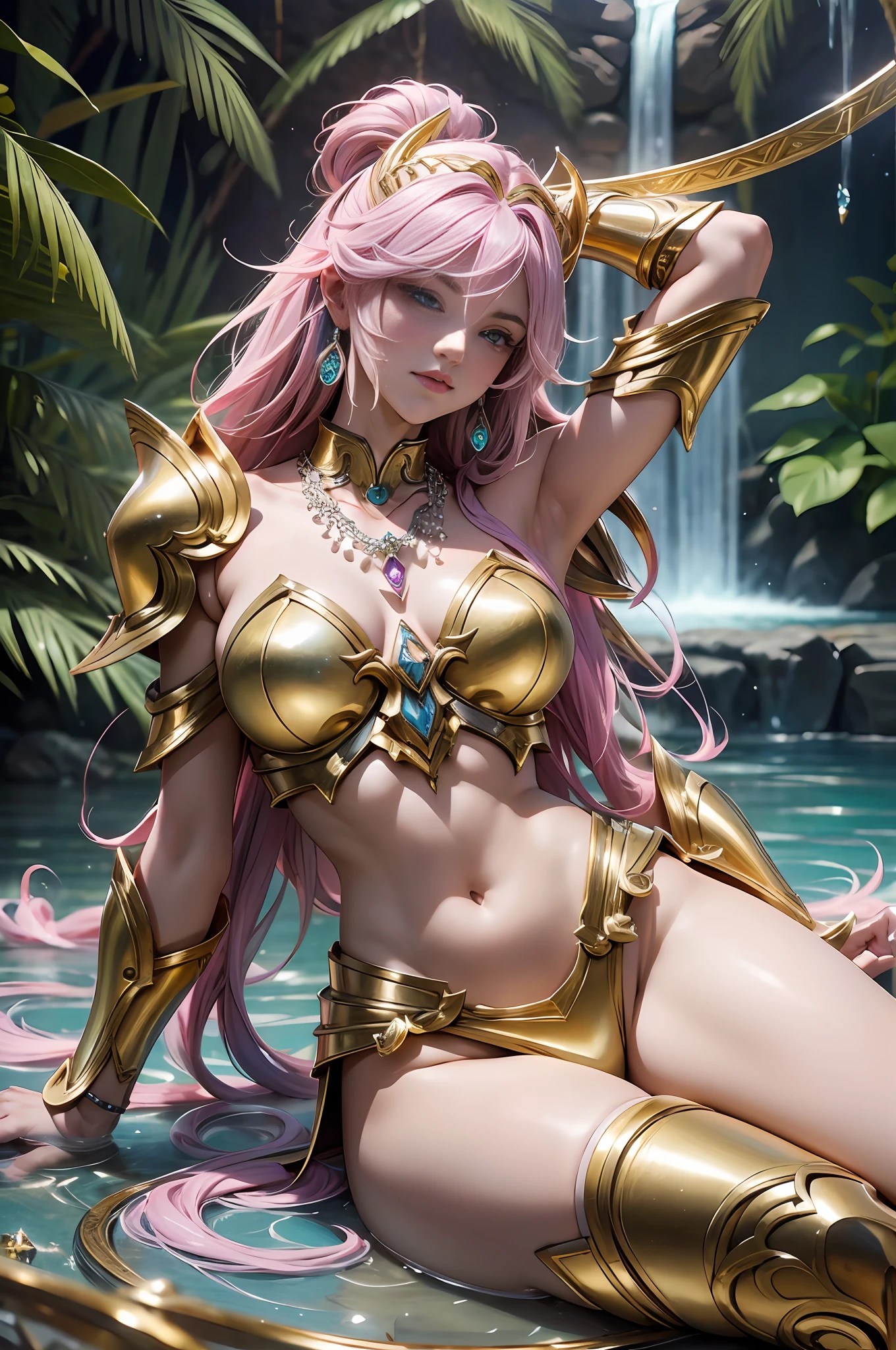 Saigarius Saint Seiya in cyberpunk style, (God of War) (Saint Seiya: 2) (Gold Armor: 2), (Gold Texture: 1.5) (Legs open: 2) on stomach, leg lift, reclining (open air) (hips) Panties for the audience to show (off-the-shoulder) (with countless super gems) (Super large gem pendant: 2), crazy details (with water flowing through the body: 1.5) Full body, stockings, (kick: 2), Noble details, full grass, full length, full frame, epic pose, (gorgeous jewelry) yellow hair (necklace earrings) pendant, (set + large gems), large diamonds, gold, ruby), waterfall, bath side, unrealistic engine style, detailing, ultra-realistic, boca effect, shot in the style of David La Chapelle, Bioluminescent palette: lilac, pale pink, bright white, wide-angle, ultra-fine, cinematic still life, vibrant, WLOP and Sakimichan, Artgerm style, underboob, Perfect eyes, highest image quality 16K, inspired by Harry Winston, shot on the Canon EOS R 6, masterpiece --s2