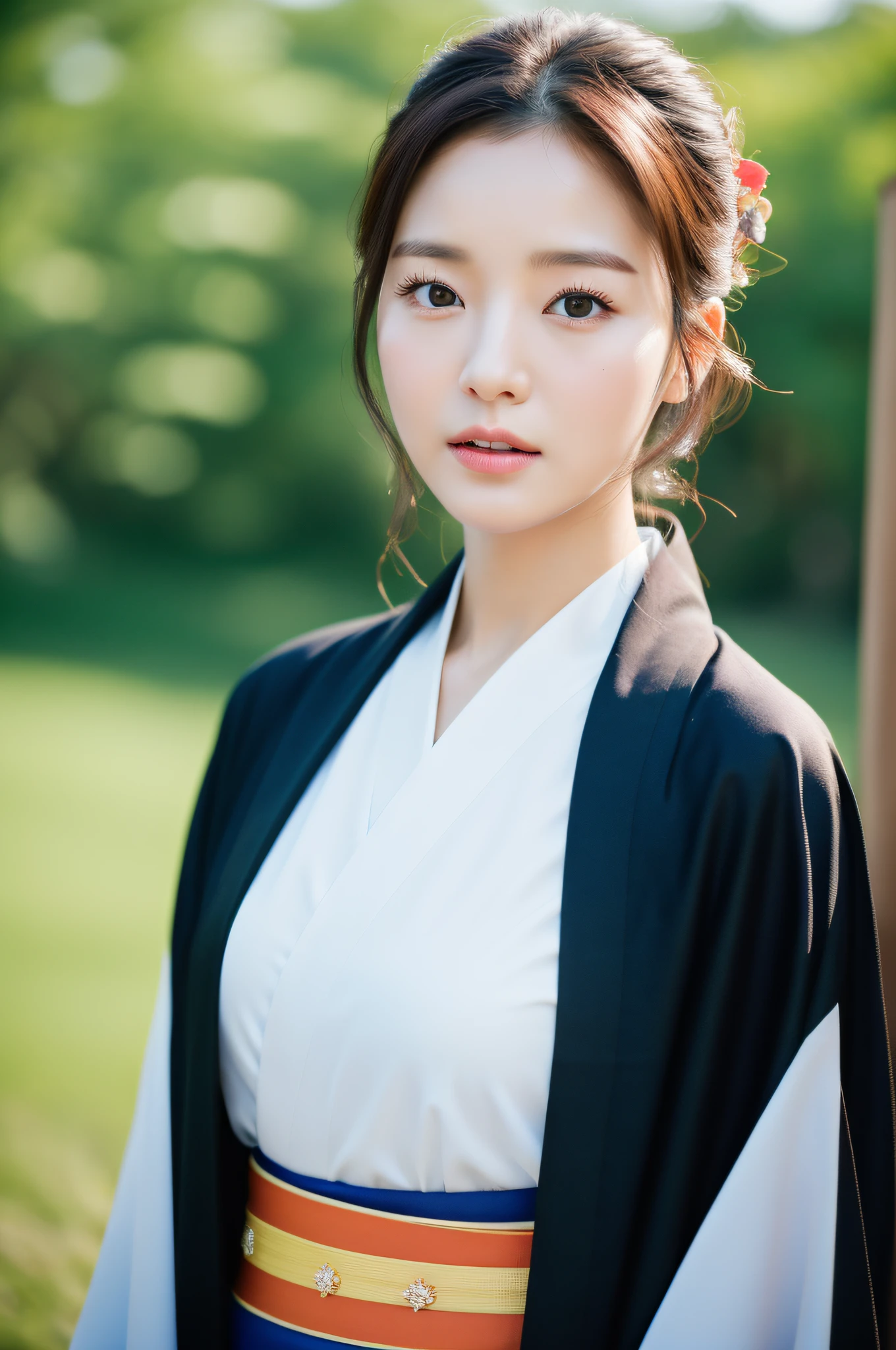 ((Best Quality, 8K, Masterpiece: 1.3)), Sharp Focus: 1.2, (Super Beautiful Face: 1.0), (Glossy Skin: 1.0), Realistic Photos, Black Hair, Realistic Pupils, Movie Lighting, Highly Detailed Eyes and Faces, Movie Lighting, (Cowboy Shot: 1.0), (Kimono, Hakama, Obi: 1.15), In Nature, (Korean Cute Actress)