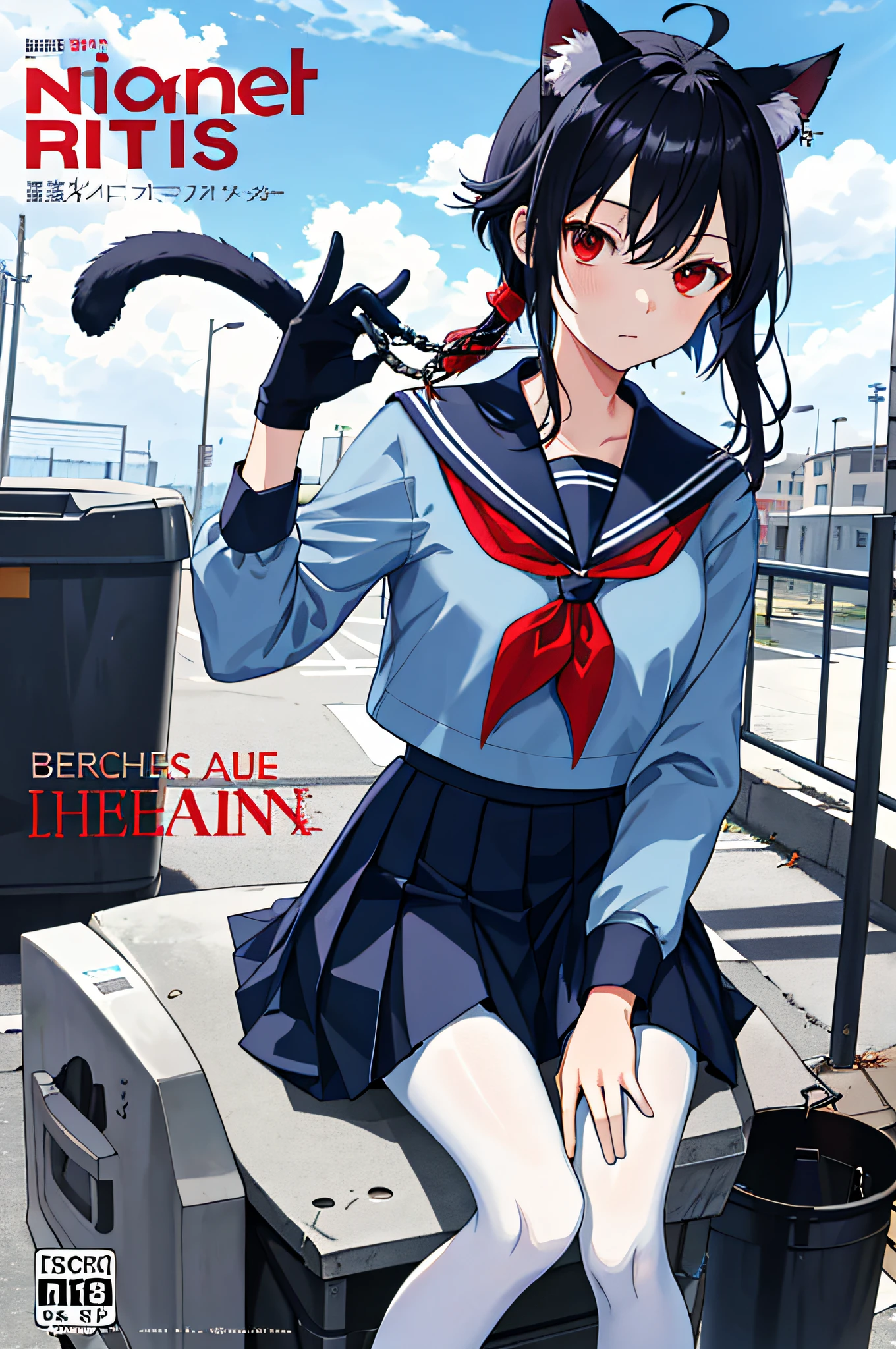 ((masterpiece, best quality)),a girl, solo, skirt, sky, sitting, pantyhose, serafuku, cloud,black gloves, outdoors, neckerchief ,day, bangs, fence, shirt, ahoge, rooftop, long hair, white pantyhose, black hair, school uniform, white sailor collar, red eyes, sailor collar, blue skirt, red neckerchief, blue serafuku, animal ears, blue sky, long sleeves, blue shirt, looking at viewer, closed mouth,cat ears, chain-link fence, pleated skirt, cloudy sky, trash can
(magazine:1.3), (cover-style:1.3), fashionable, woman, vibrant, outfit, posing, front, colorful, dynamic, background, elements, confident, expression, holding, statement, accessory, majestic, coiled, around, touch, scene, text, cover, bold, attention-grabbing, title, stylish, font, catchy, headline, larger, striking, modern, trendy, focus, fashion,