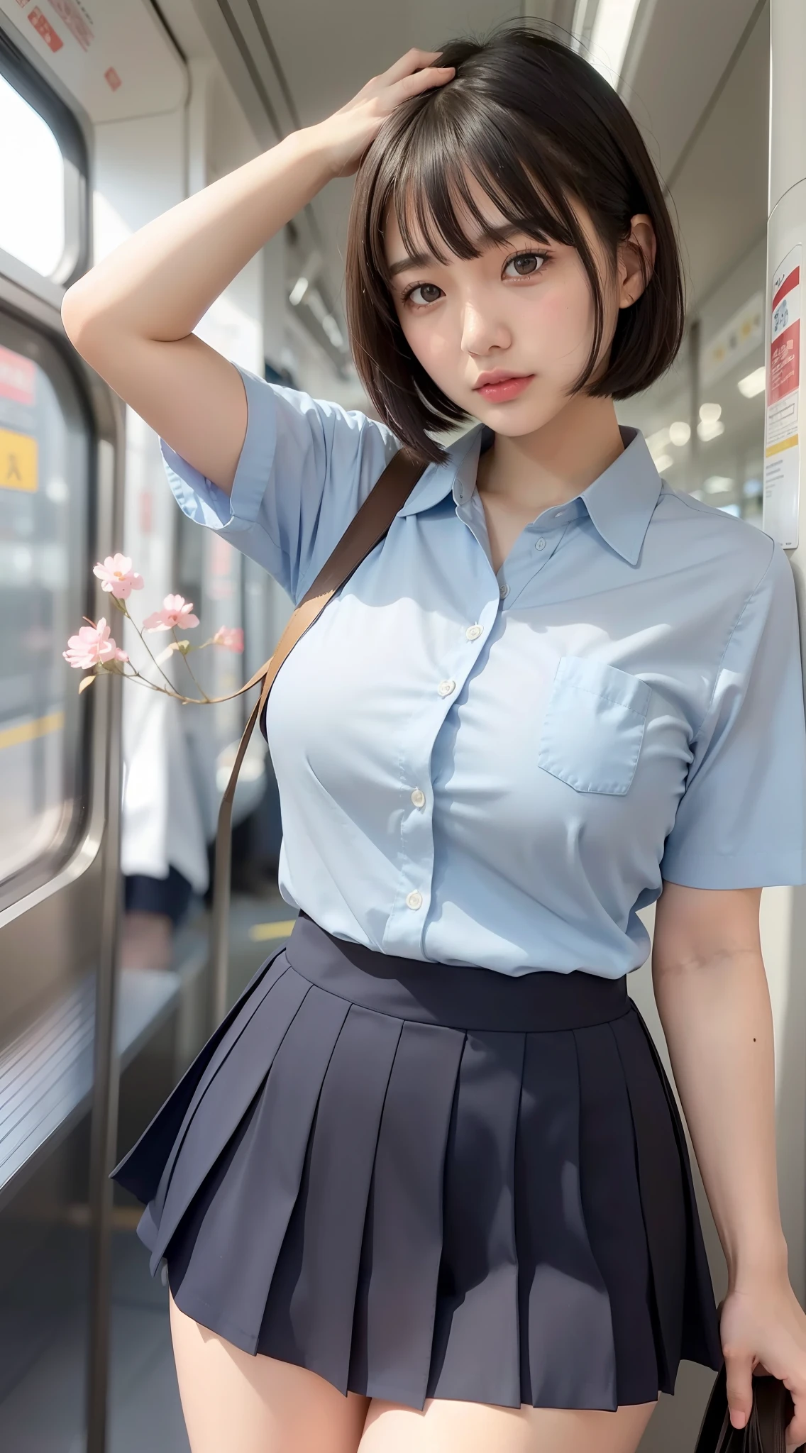 Japan girl, 18 year old girl, short hair, black hair, bangs, brown eyes, perfect figure, transparency, luster, luster, modest breasts, school uniform, navy blue ribbon, light blue shirt, navy blue skirt, light pleasure, glowing body, gravure idol, on the train, beautiful legs, strong sunlight, nymphomaniac