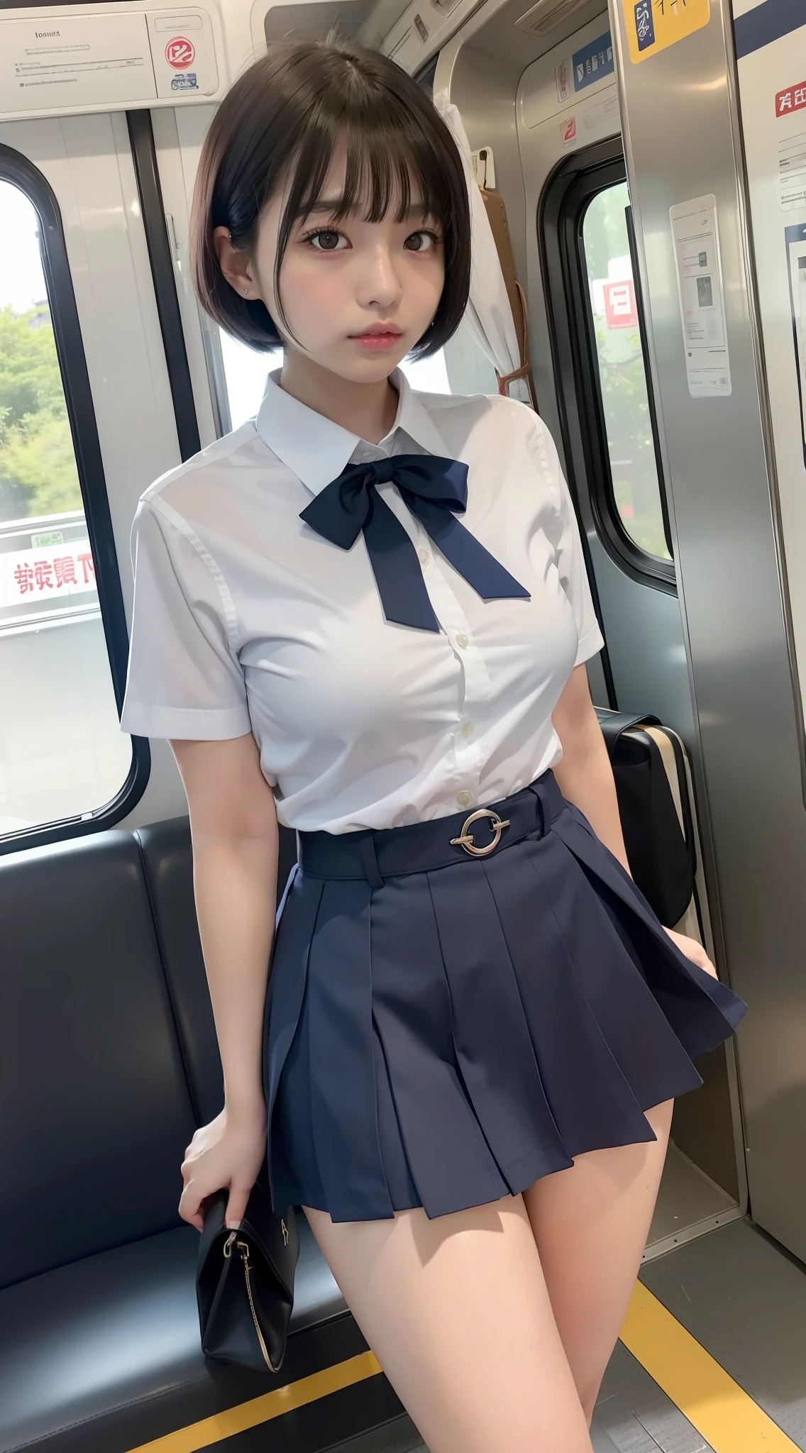Japan girl, 18 year old girl, short hair, black hair, bangs, brown eyes, perfect figure, transparency, luster, luster, modest breasts, school uniform, navy blue ribbon, light blue shirt, navy blue skirt, light pleasure, glowing body, gravure idol, on the train, beautiful legs, strong sunlight, nymphomaniac