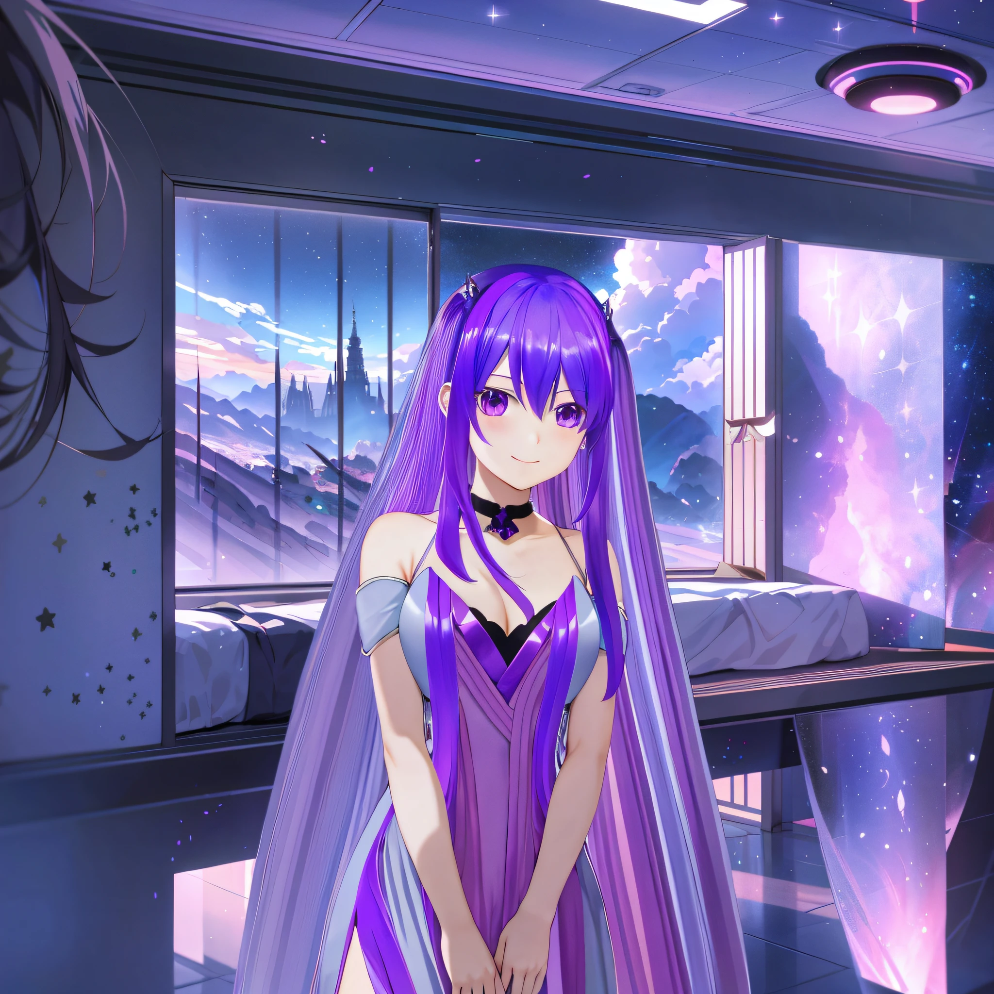 Anime girl with long purple hair standing in a room with a bed, anime style. 8k, anime moe artstyle, anime style 4k, anime styled 3d, anime girl with cosmic hair, ufotable art style, anime style like fate / stay night, nightcore, anime artstyle, anime stylized, anime girl with long hair, visual novel cg, sweet look, sweet smile.