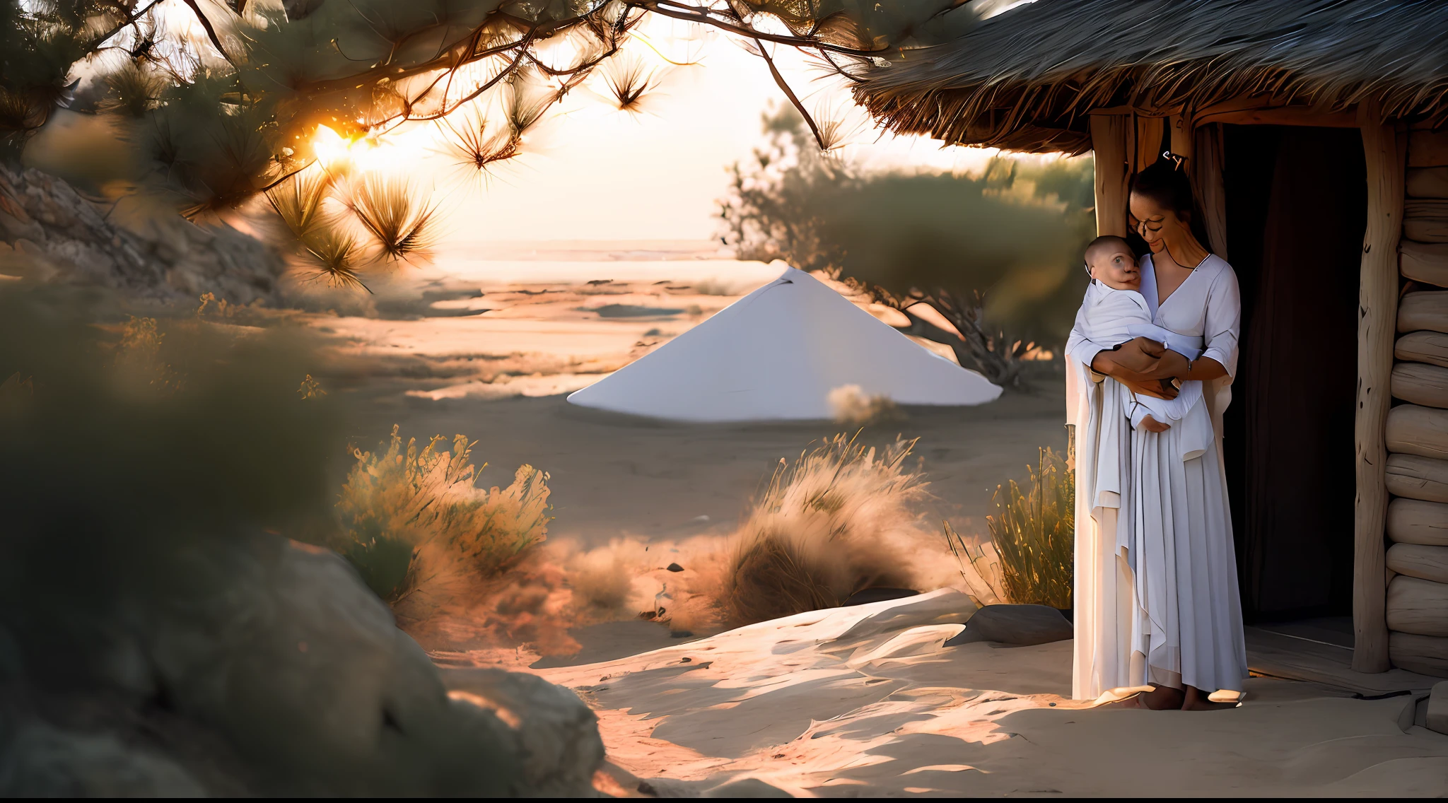 ((Ancient Israel)), 1st century, small hut, white cloth, (((Woman holding a baby)), 8k, RAW photography, top quality, masterpiece: 1.5, ulra high resolution, photorealism: 1.5, cinematic light, soft volumetric lighting: 1.5, realistic, photorealistic: 1, detailed skin, professional lighting, photography, sharp focus, detail, Professional lighting, photon mapping, detailed and complex environment, highly detailed, top quality, artistic photography, photorealistic concept art, soft natural volumetric cinematic perfect light, mid-journey, detailed hands,
