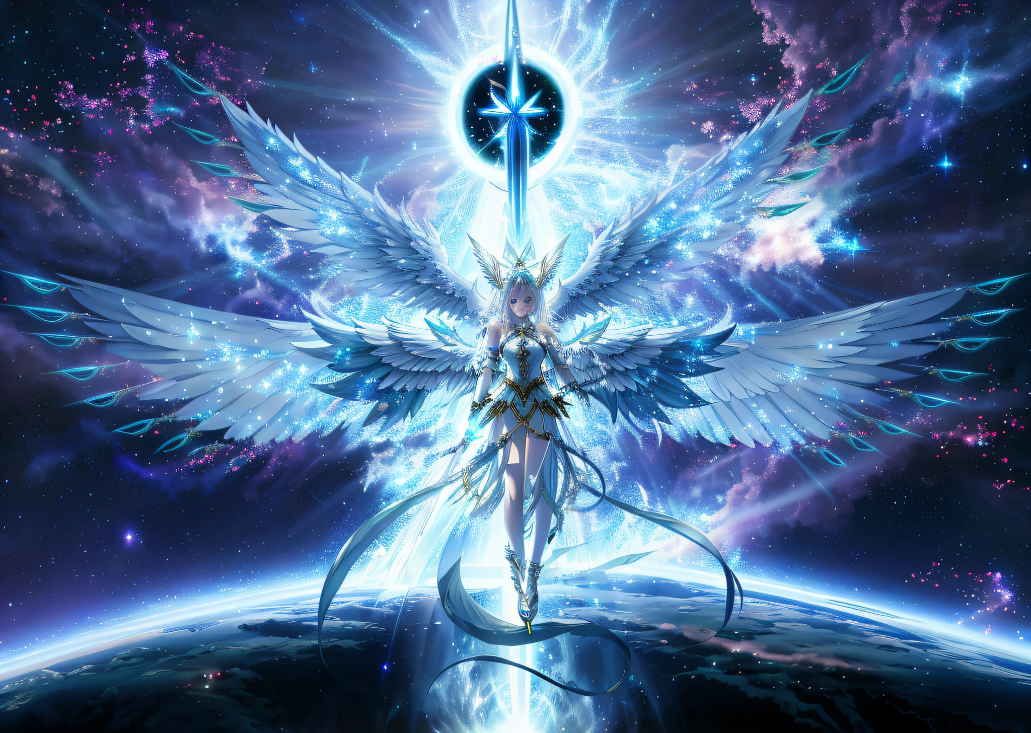 anime angel with sword and stars in the background, glowing angelic being, ethereal angelic being of light, angelic purity, ethereal anime, anime epic artwork, astral ethereal, elven angel meditating in space, seraphim, as a mystical valkyrie, mystical valkyrie, celestial goddess, goddess of light, elemental guardian of life, aion, anime goddess