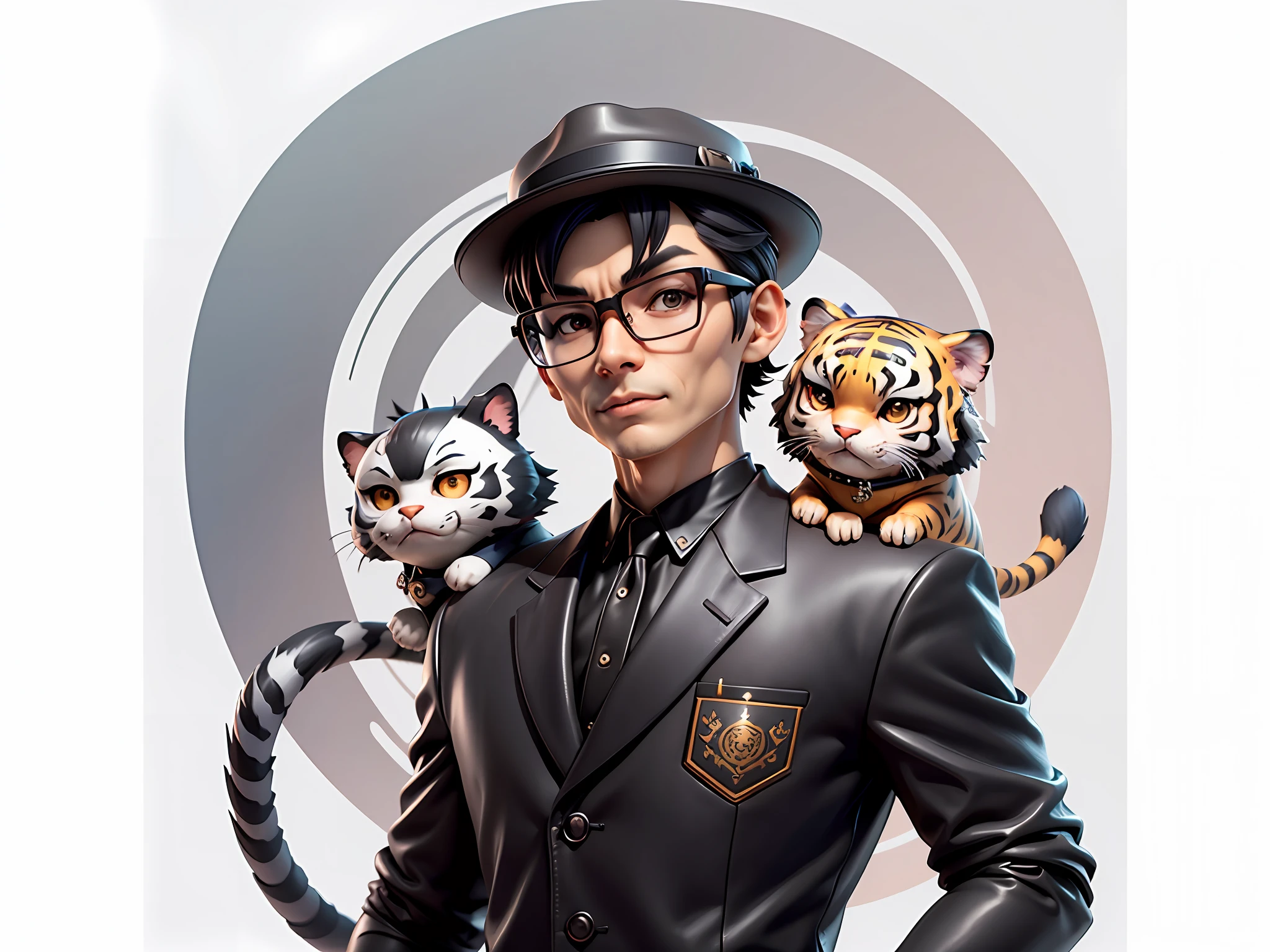 Young man with oriental face in leather hat, tiger, oriental face in formal suit, short black hair, silver glasses, digital painting, 3D character design by Mark Clairedon and Pixar and Hayao Miyazaki and Akira Toriyama, the illustration is a high-definition illustration in 4K resolution with very detailed facial features and cartoon-style visuals.