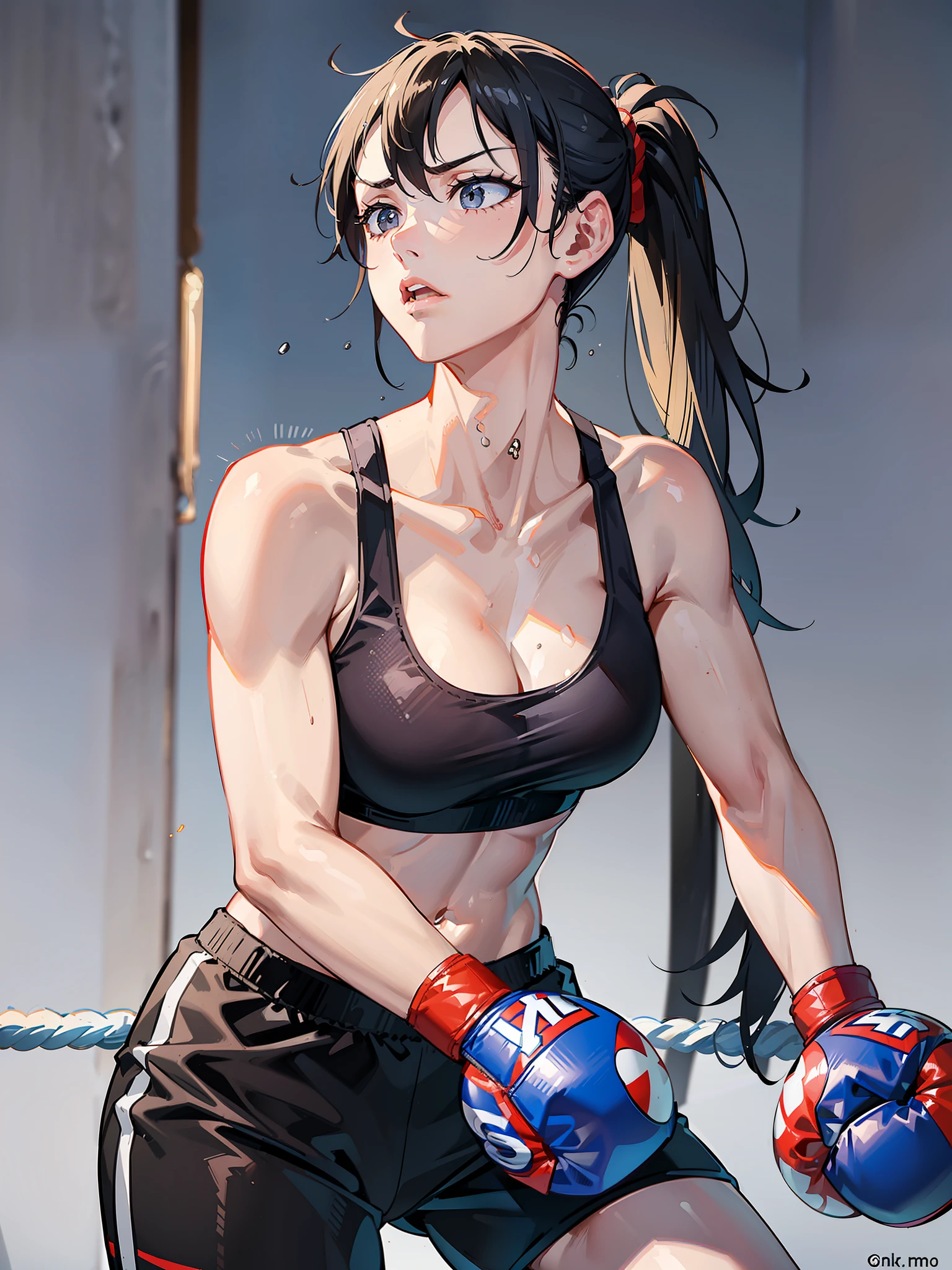 Female boxer, black hair, ponytail, sports bra, half pants, ((boxing gloves)), dark blue overall, leaning against the ring rope, close one eye, on the verge of fainting, female boxing match, ring rope, single woman, absent-minded, sweat and saliva all over body, abdominal injury marks, serious injury, being beaten, inferior