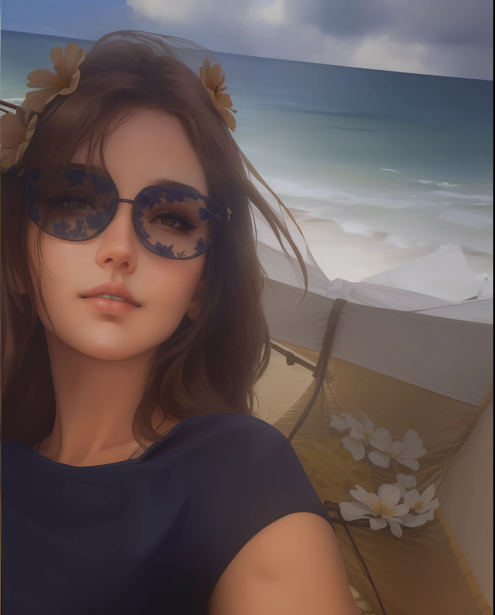 ((Best quality, 8k, Masterpiece :1.3)), A pretty 1woman with perfect figure :1.4, Slender abs :1.3, ((light brown hair, realistic big breasts :1.2)), (wearing flower micro bikini:1.5), (Lying on hammock, Hammock, At the beach:1.2), Highly detailed face and skin texture, Detailed eyes, Double eyelid.
