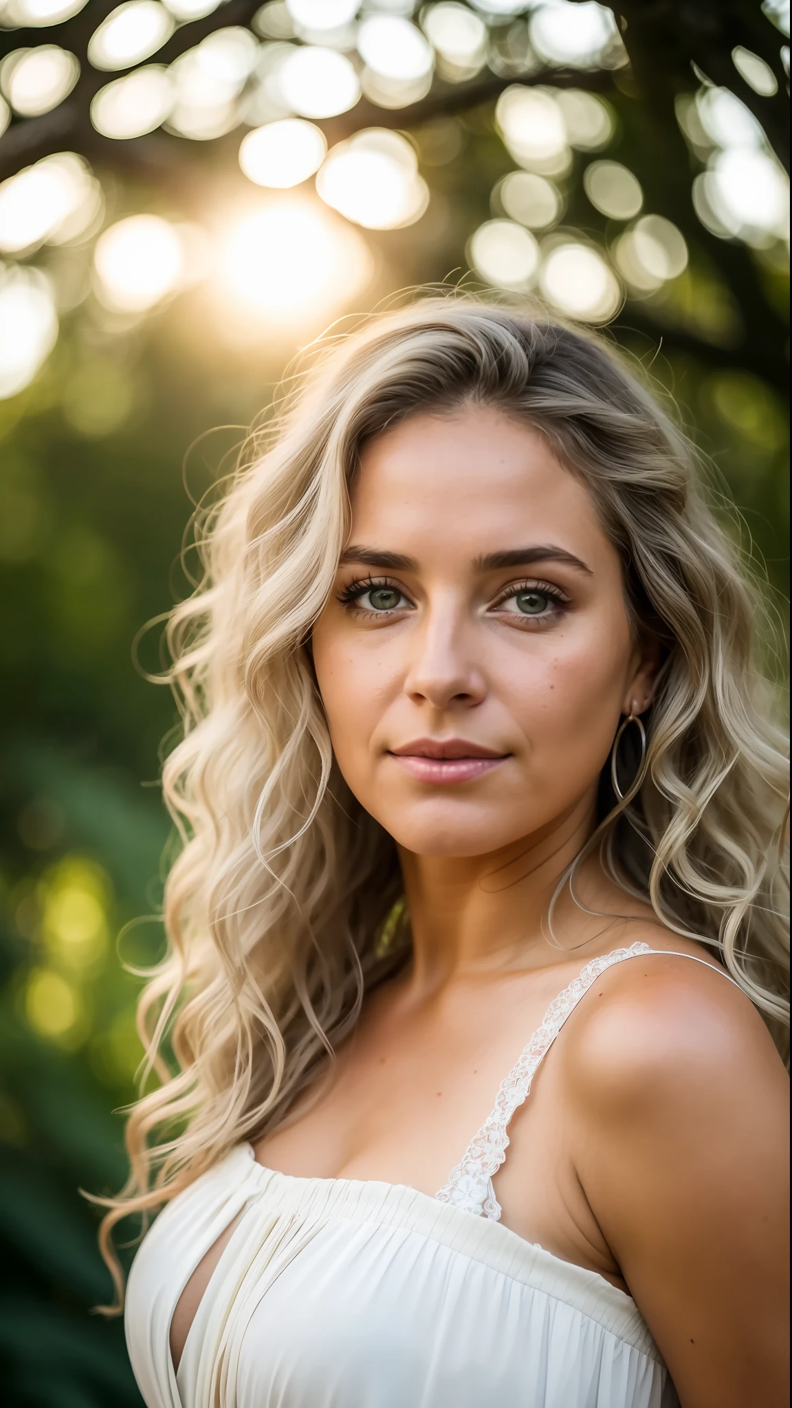 RAW photo, post-apocalyptic, close-up portrait photo of a 42-year-old woman in beige and white dress, voluminous wavy gray hair, leathery, rough skin, eyes that saw too much, piercing gaze, battle-worn out, a wooded landscape, a scorching sun, intense color, (highly detailed skin: 1.2), Greek goddess Aphrodite, 8k uhd, dslr, soft lighting,  high quality, film grain, Fujifilm XT3